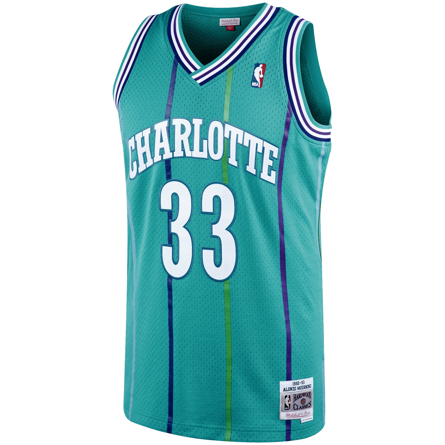 Alonzo Mourning Charlotte Hornets Mitchell Ness 1992-93 Hardwood Classics Swingman Player Teal NBA Jersey Men's