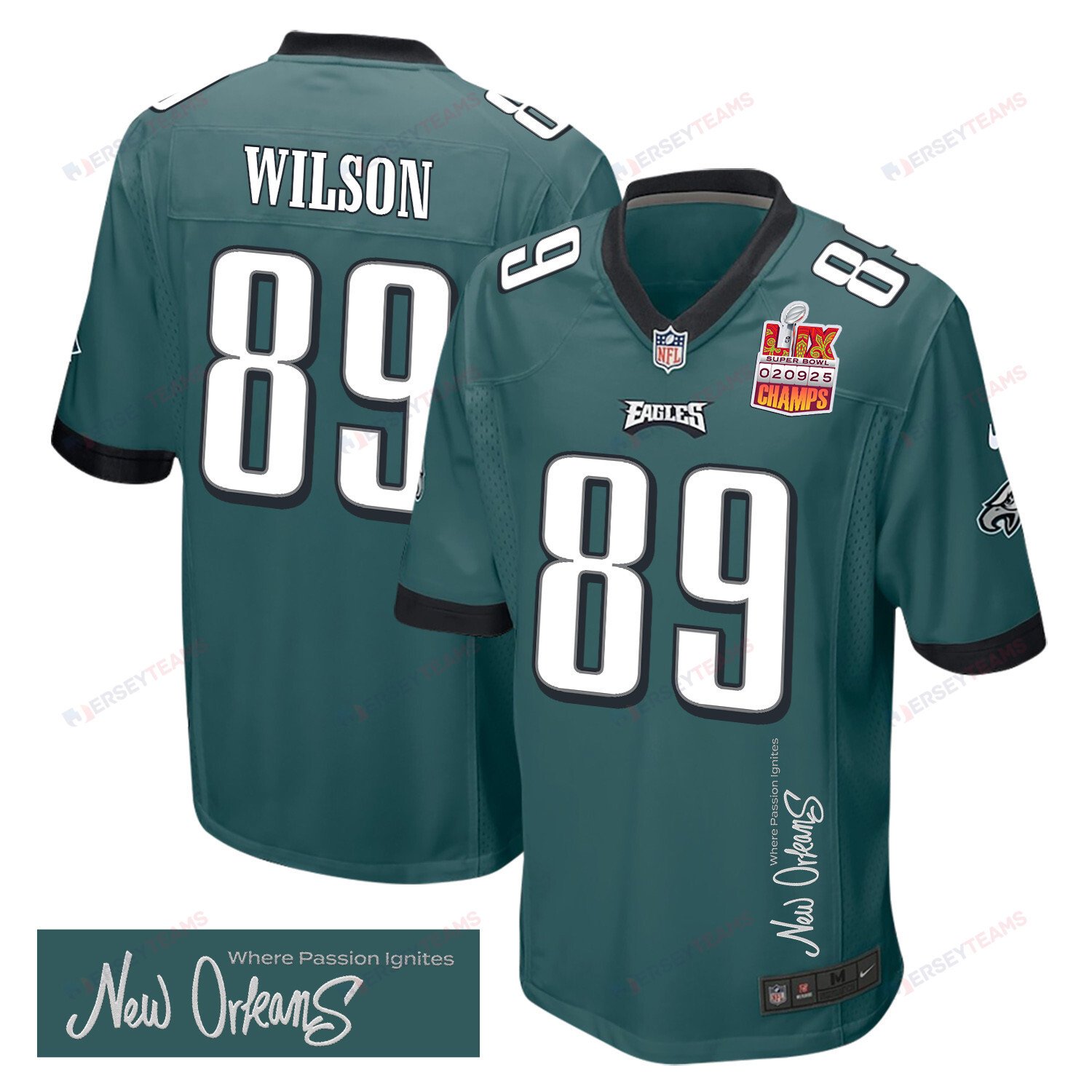Johnny Wilson 89 Philadelphia Eagles Super Bowl LIX Champions Patch New Orleans Where Passion Ignites' EMBROIDERED Game Midnight Green NFL Jersey Men's