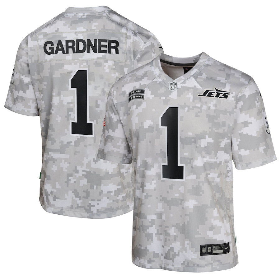Sauce Gardner 1 New York Jets 2024 Salute to Service Game Arctic Camo NFL Jersey Youth
