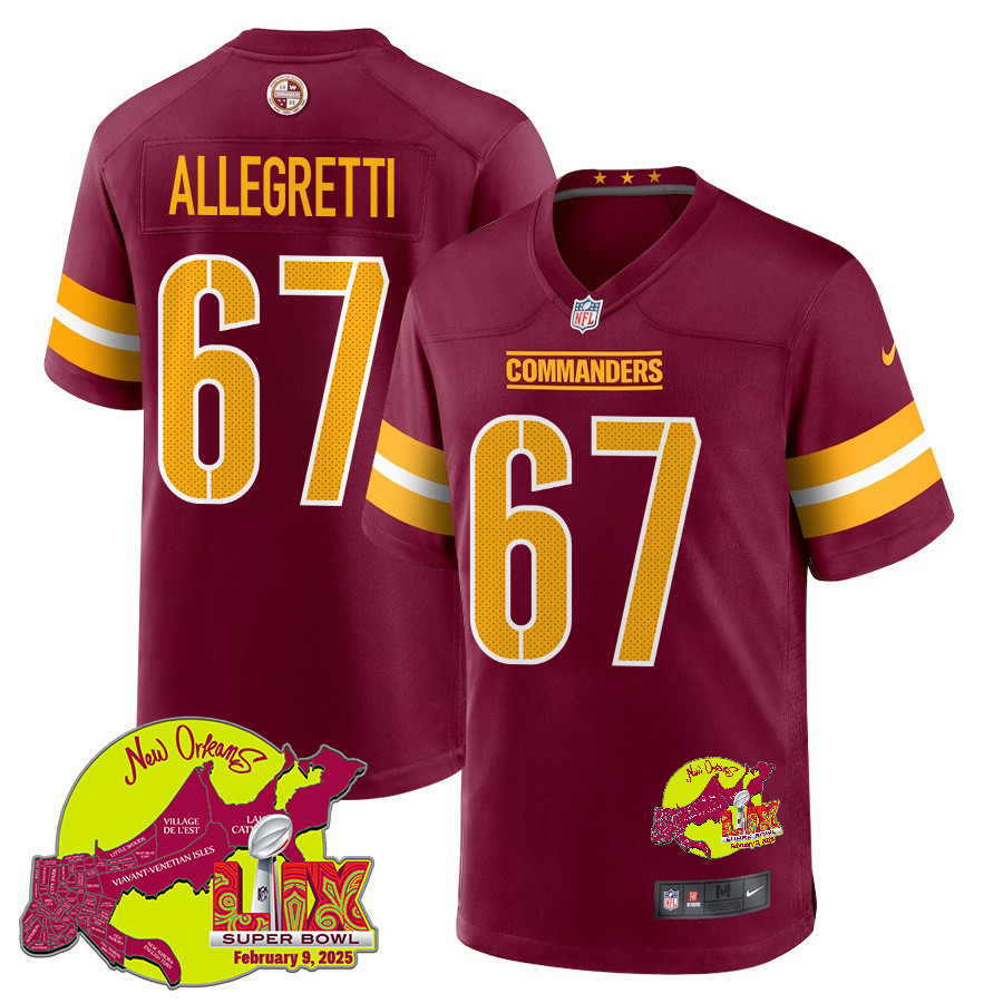 Nick Allegretti 67 Washington Commanders Super Bowl LIX New Orleans Patch Game Burgundy NFL Jersey Men's