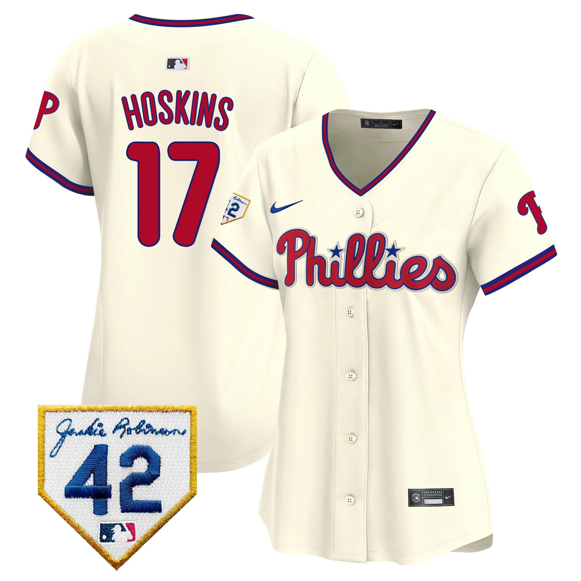 Rhys Hoskins 17 Philadelphia Phillies 2024 Jackie Robinson Patch Cream MLB Jersey Women's