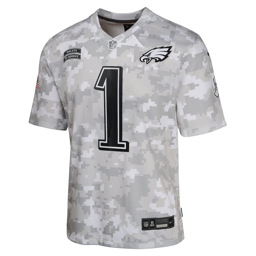 Jalen Hurts 1 Philadelphia Eagles 2024 Salute to Service Game Arctic Camo NFL Jersey Youth