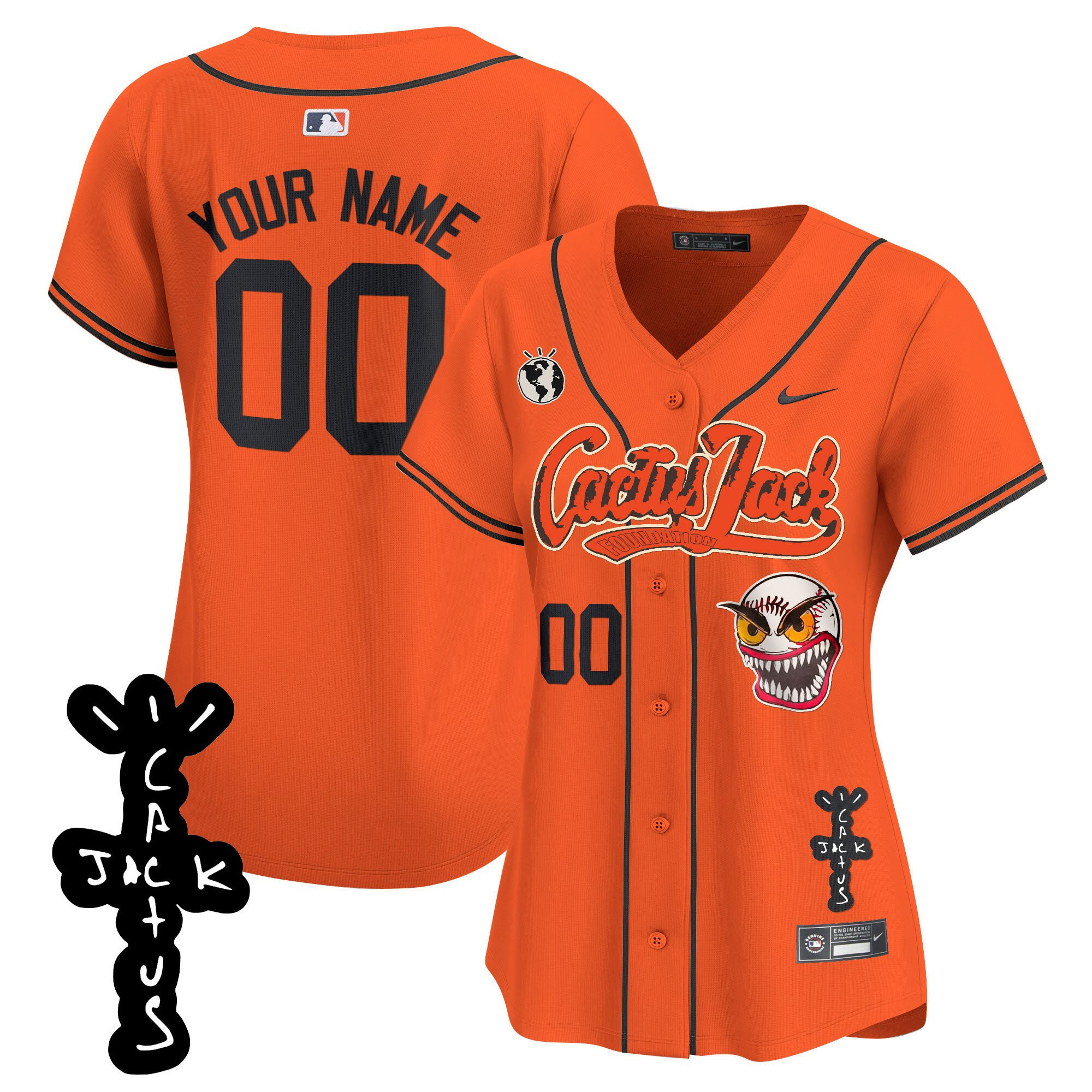 Houston Astros Cactus Jack Patch V2 Custom Orange MLB Jersey Women's