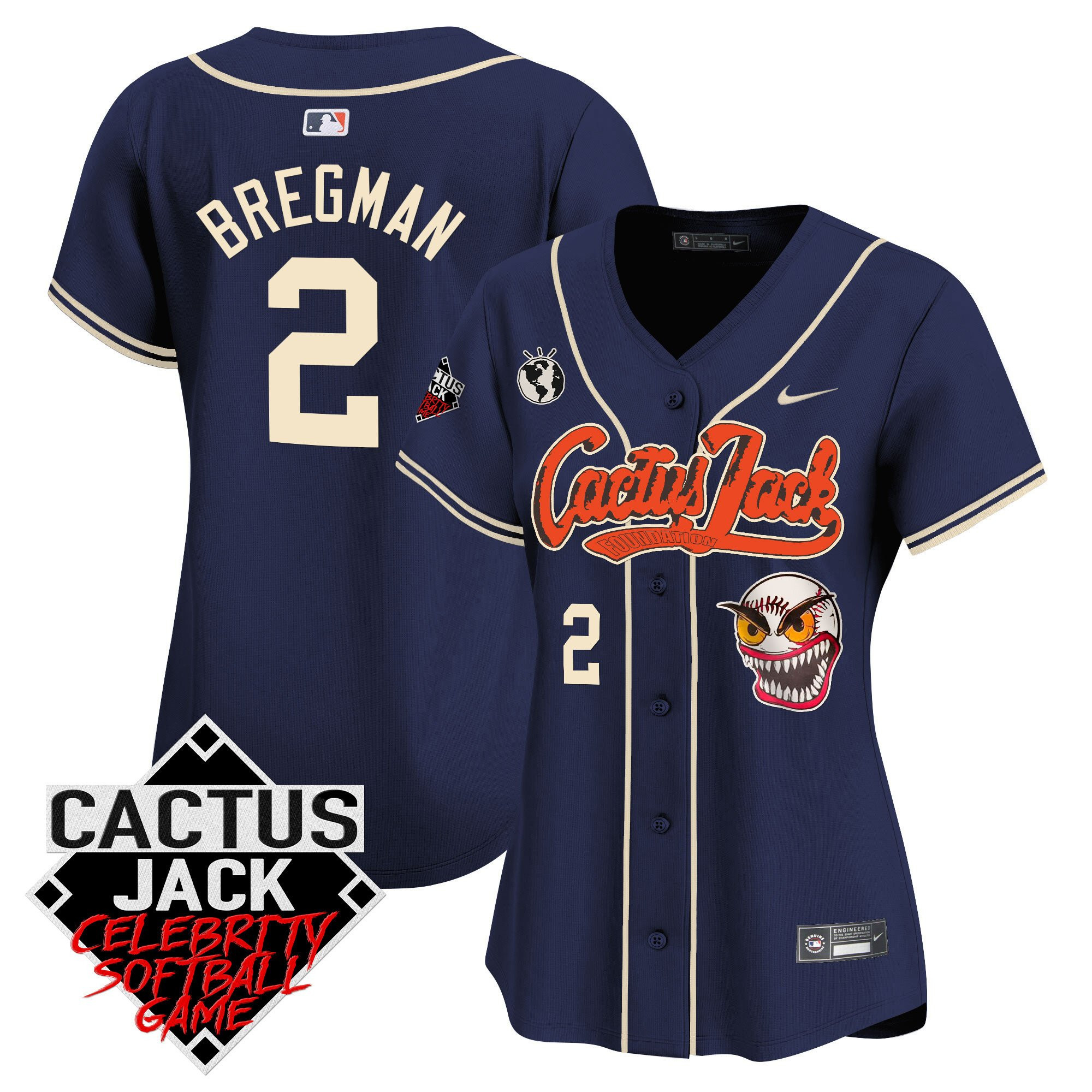 Alex Bregman 2 Houston Astros Cactus Jack Celebrity Softball Game Patch Navy MLB Jersey Women's