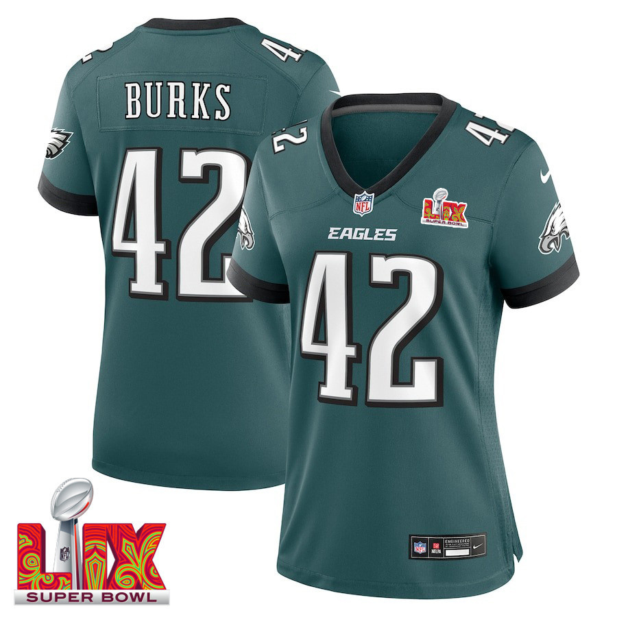 Oren Burks #42 Philadelphia Eagles Super Bowl LIX Midnight Green NFL Jersey Women's