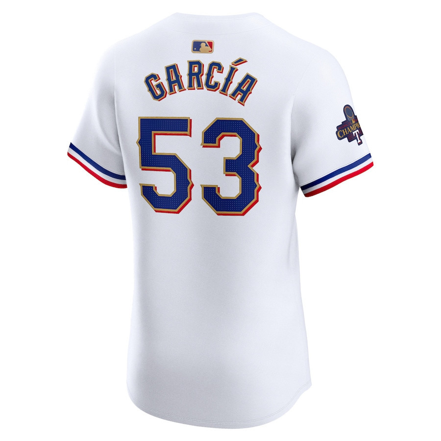 Adolis Garcia 53 Texas Rangers 2024 Gold Collection ELITE Player White MLB Jersey Men's