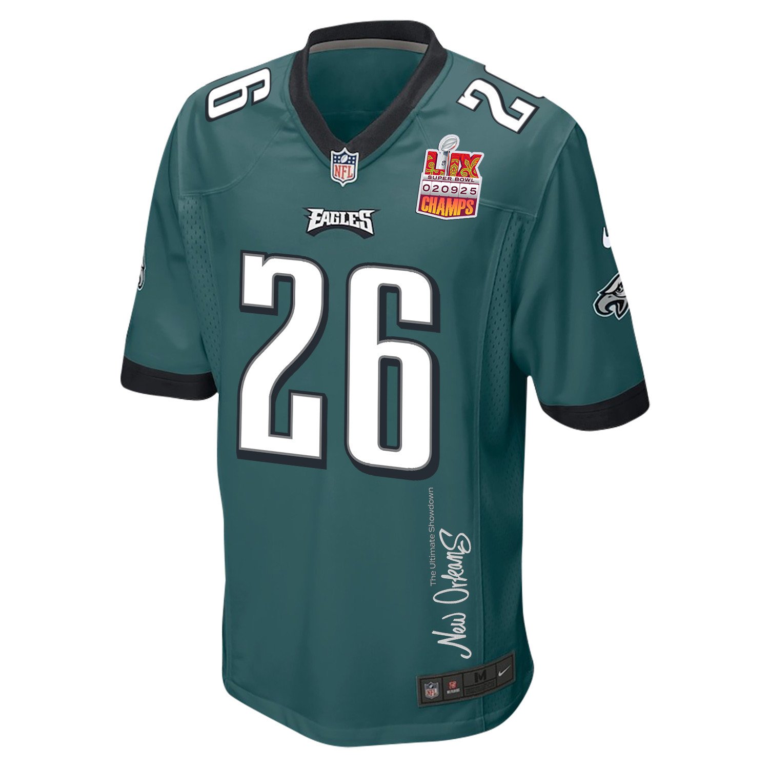 Saquon Barkley 26 Philadelphia Eagles Super Bowl LIX Champions Patch New Orleans The Ultimate Showdown' EMBROIDERED Game Midnight Green NFL Jersey Men's