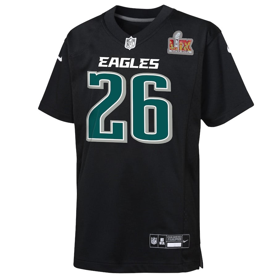 Saquon Barkley 26 Philadelphia Eagles Super Bowl LIX Patch Fashion Game Player Carbon Black NFL Jersey Youth