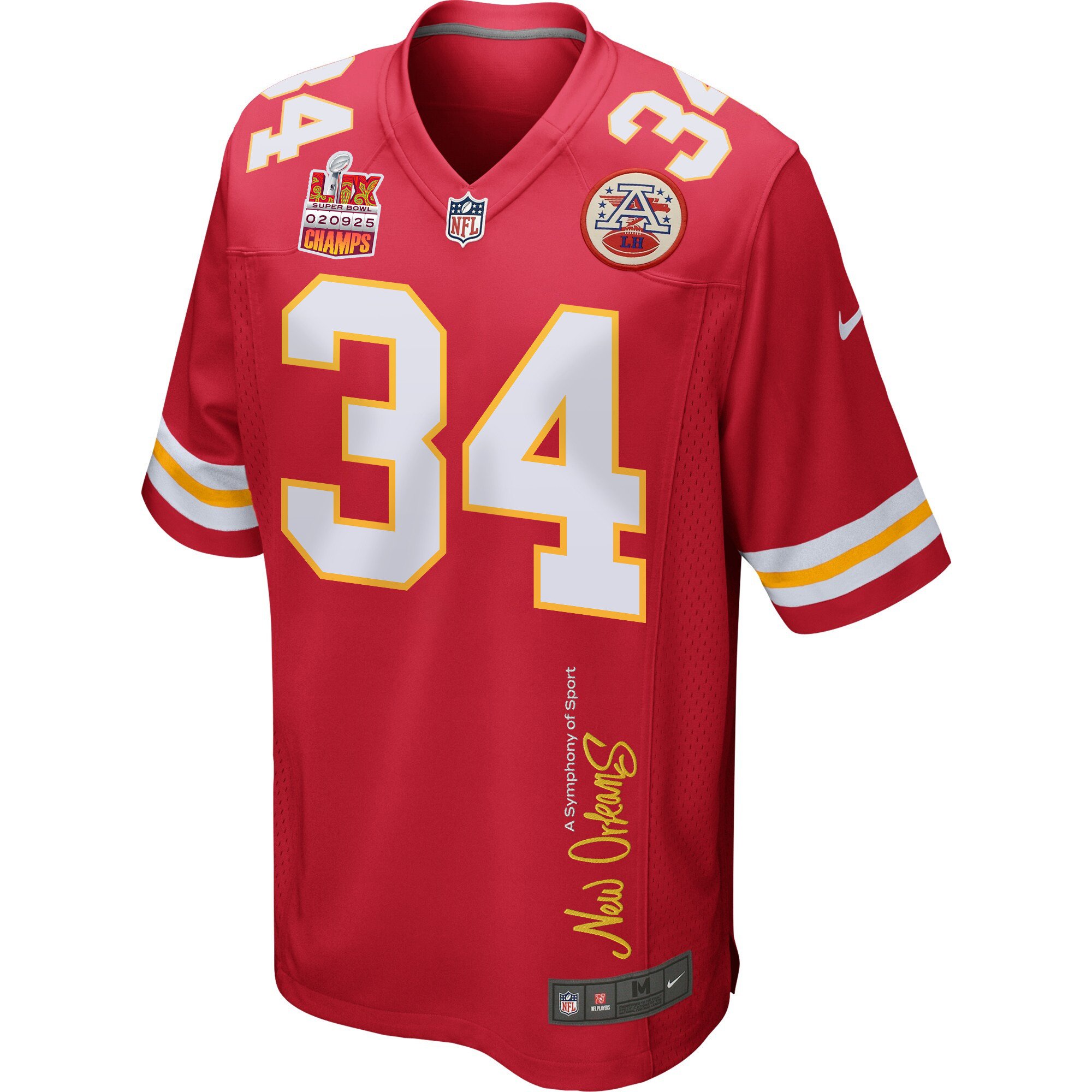 Samaje Perine 34 Kansas City Chiefs Super Bowl LIX Champions Patch New Orleans A Symphony of Sport' EMBROIDERED Game Red NFL Jersey Men's