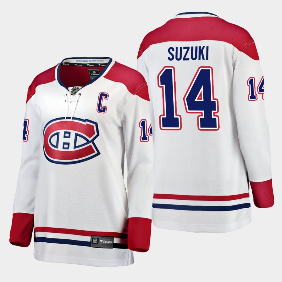 Montreal Canadiens Nick Suzuki 14 White 2023 Captain Patch Away Women NHL Jersey Women's