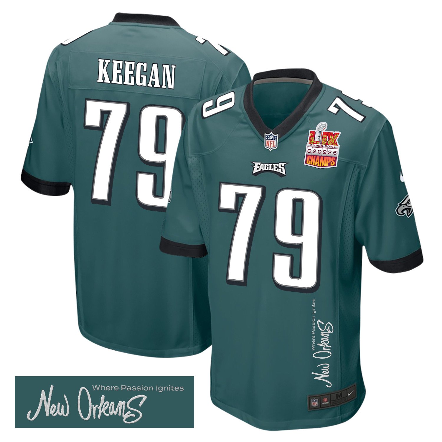 Trevor Keegan 79 Philadelphia Eagles Super Bowl LIX Champions Patch New Orleans Where Passion Ignites' EMBROIDERED Game Midnight Green NFL Jersey Men's
