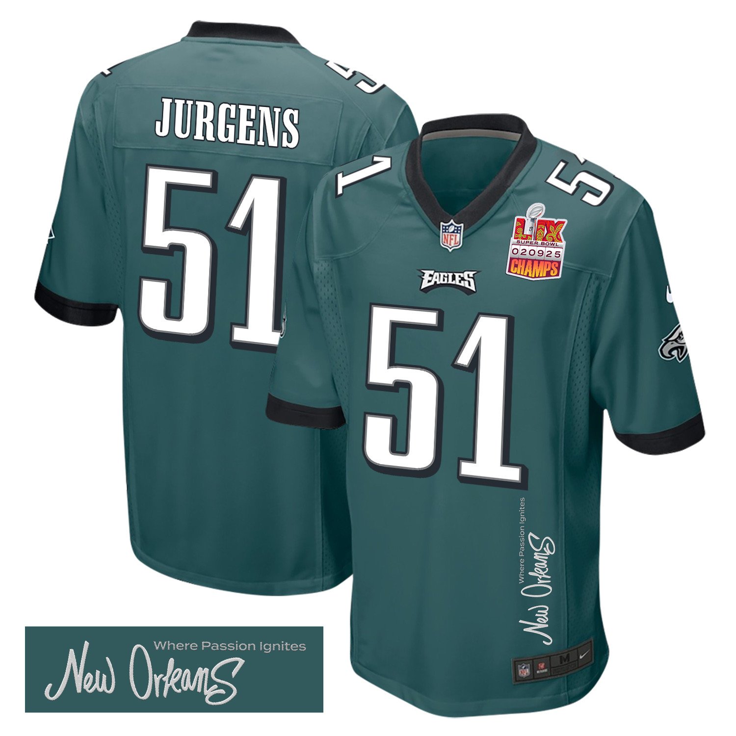 Cam Jurgens 51 Philadelphia Eagles Super Bowl LIX Champions Patch New Orleans Where Passion Ignites' EMBROIDERED Game Midnight Green NFL Jersey Men's