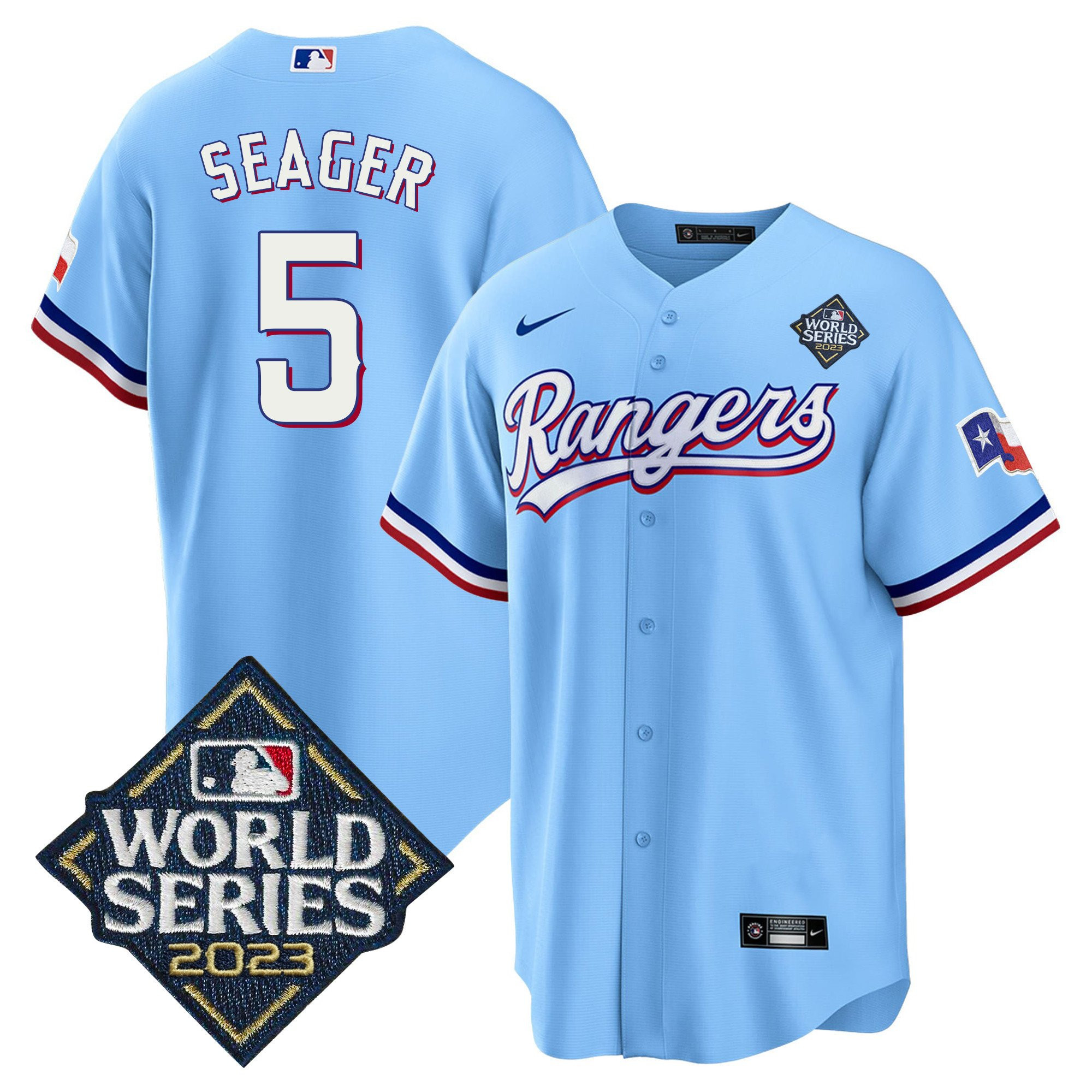 Corey Seager 5 Texas Rangers 2023 World Series Stitched Blue MLB Jersey Men's