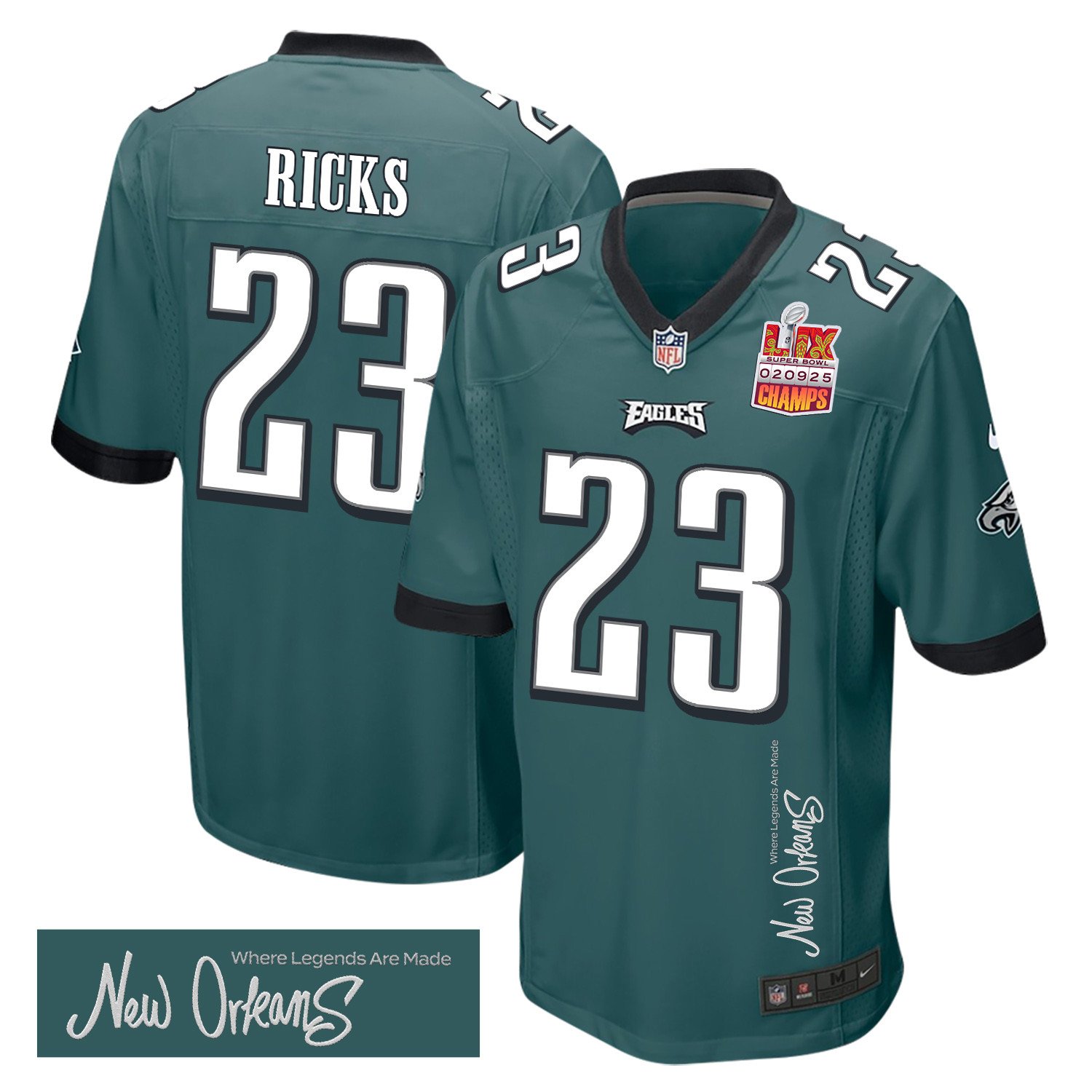 Eli Ricks 23 Philadelphia Eagles Super Bowl LIX Champions Patch New Orleans Where Legends Are Made' EMBROIDERED Game Midnight Green NFL Jersey Men's