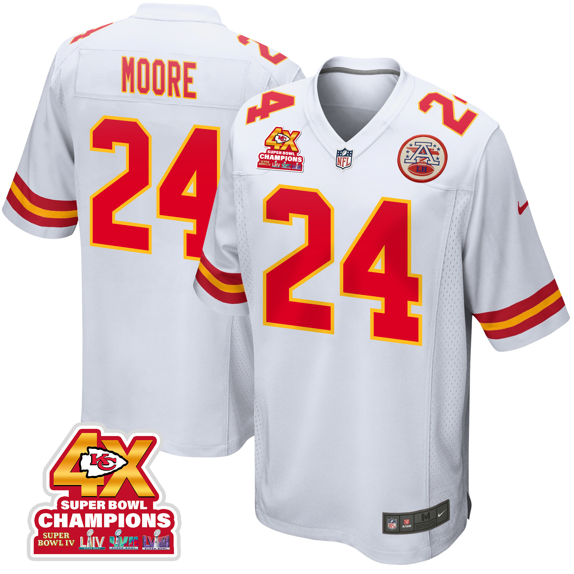 Skyy Moore 24 Kansas City Chiefs Super Bowl LVIII Champions 4X Game White NFL Jersey Men's