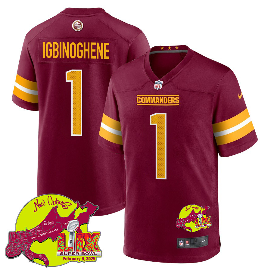 Noah Igbinoghene 1 Washington Commanders Super Bowl LIX New Orleans Patch Game Burgundy NFL Jersey Men's