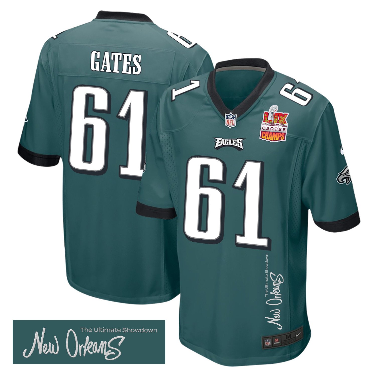 Nick Gates 61 Philadelphia Eagles Super Bowl LIX Champions Patch New Orleans The Ultimate Showdown' EMBROIDERED Game Midnight Green NFL Jersey Men's