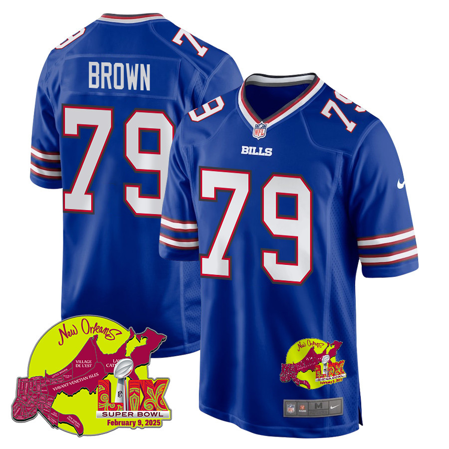 Spencer Brown 79 Buffalo Bills Super Bowl LIX New Orleans Patch Game Royal NFL Jersey Men's
