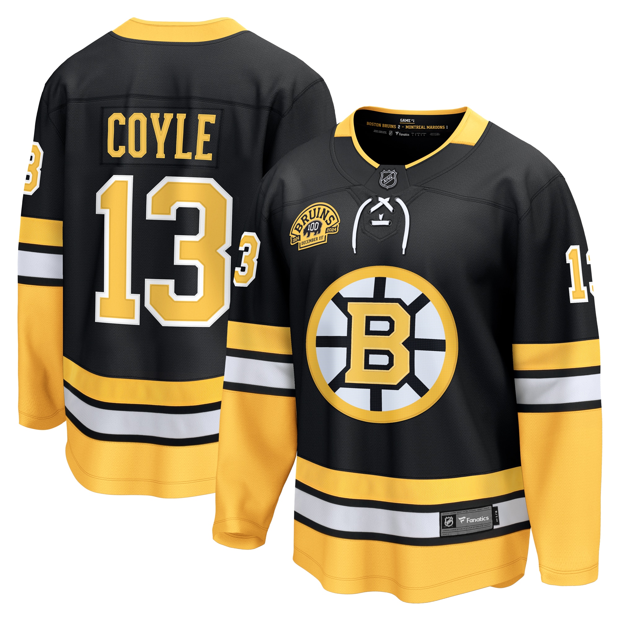 Boston Bruins Charlie Coyle Black 100th Anniversary Premier Breakaway Player NHL Jersey Men's