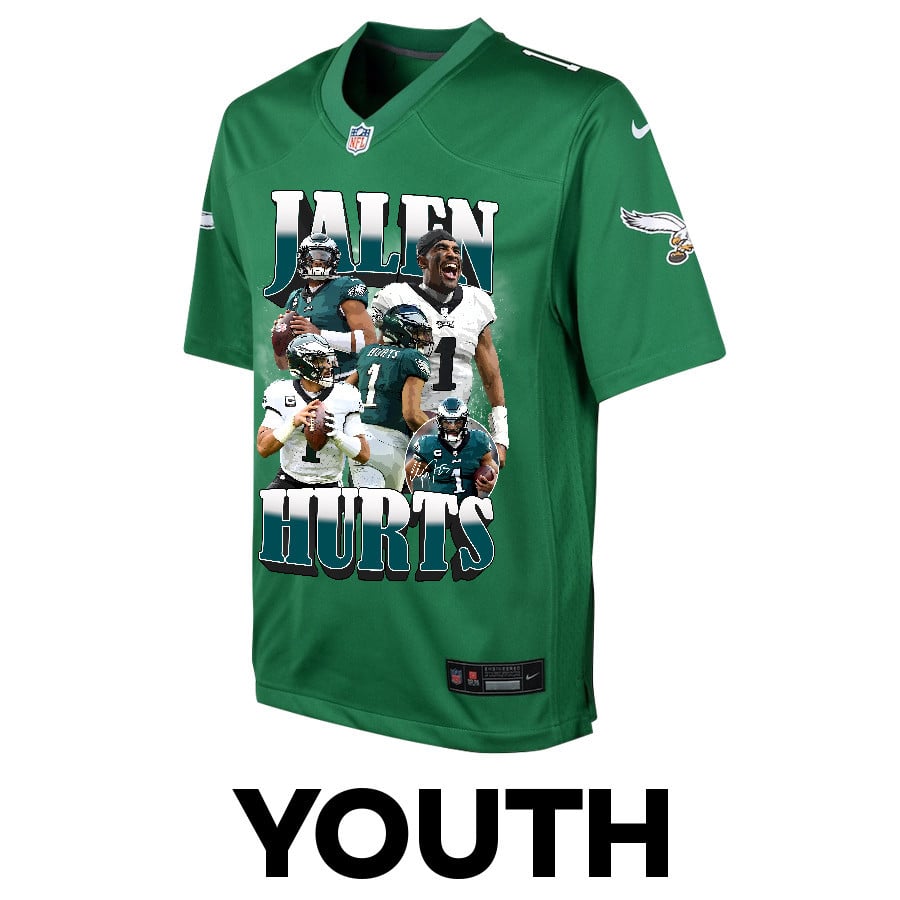 Jalen Hurts 1 Philadelphia Eagles Legacy Kelly Green NFL Jersey Youth