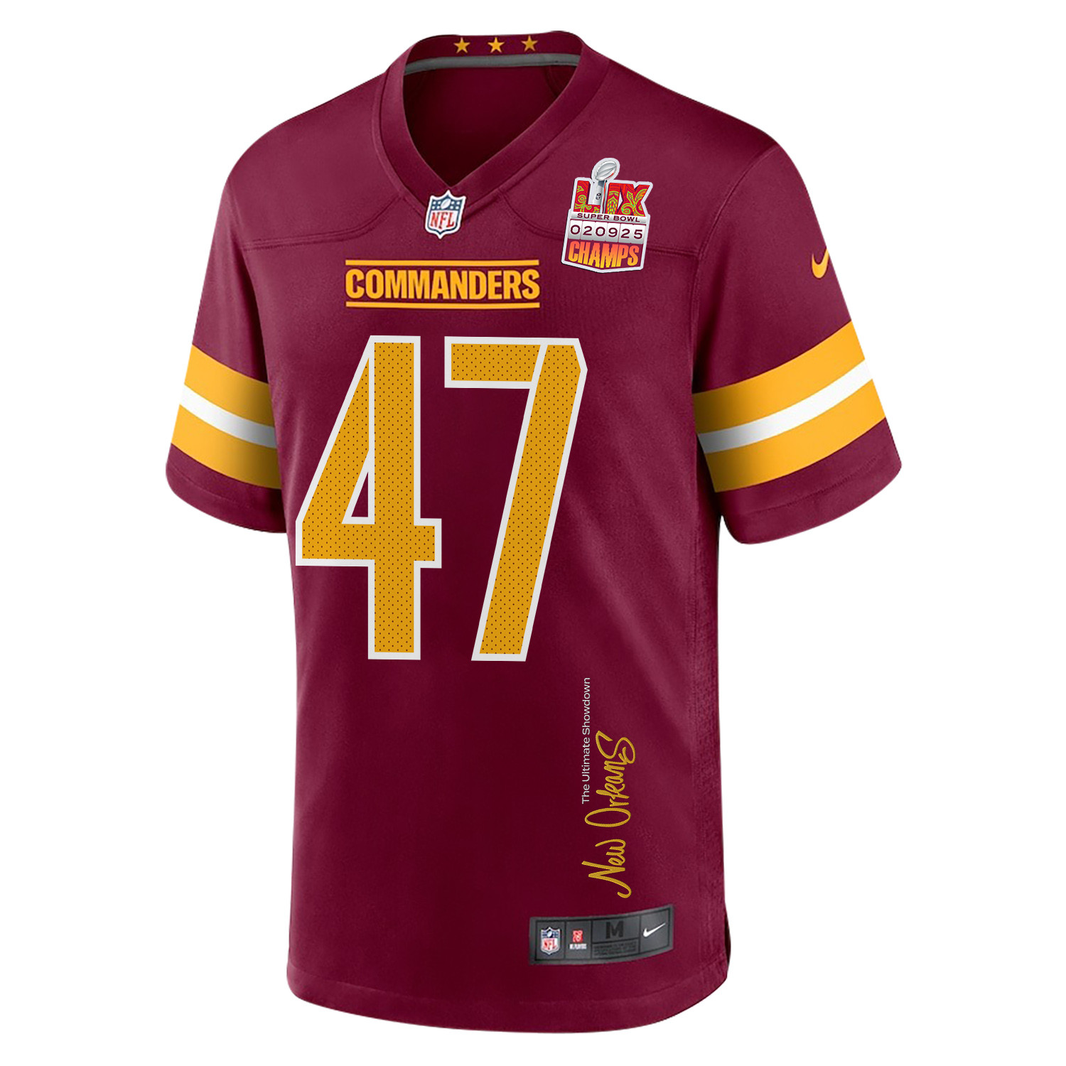 Zane Gonzalez 47 Washington Commanders Super Bowl LIX Champions Patch New Orleans The Ultimate Showdown' EMBROIDERED Game Burgundy NFL Jersey Men's
