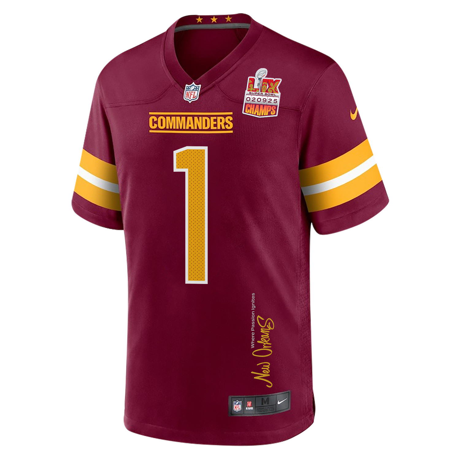 Noah Igbinoghene 1 Washington Commanders Super Bowl LIX Champions Patch New Orleans Where Passion Ignites' EMBROIDERED Game Burgundy NFL Jersey Men's