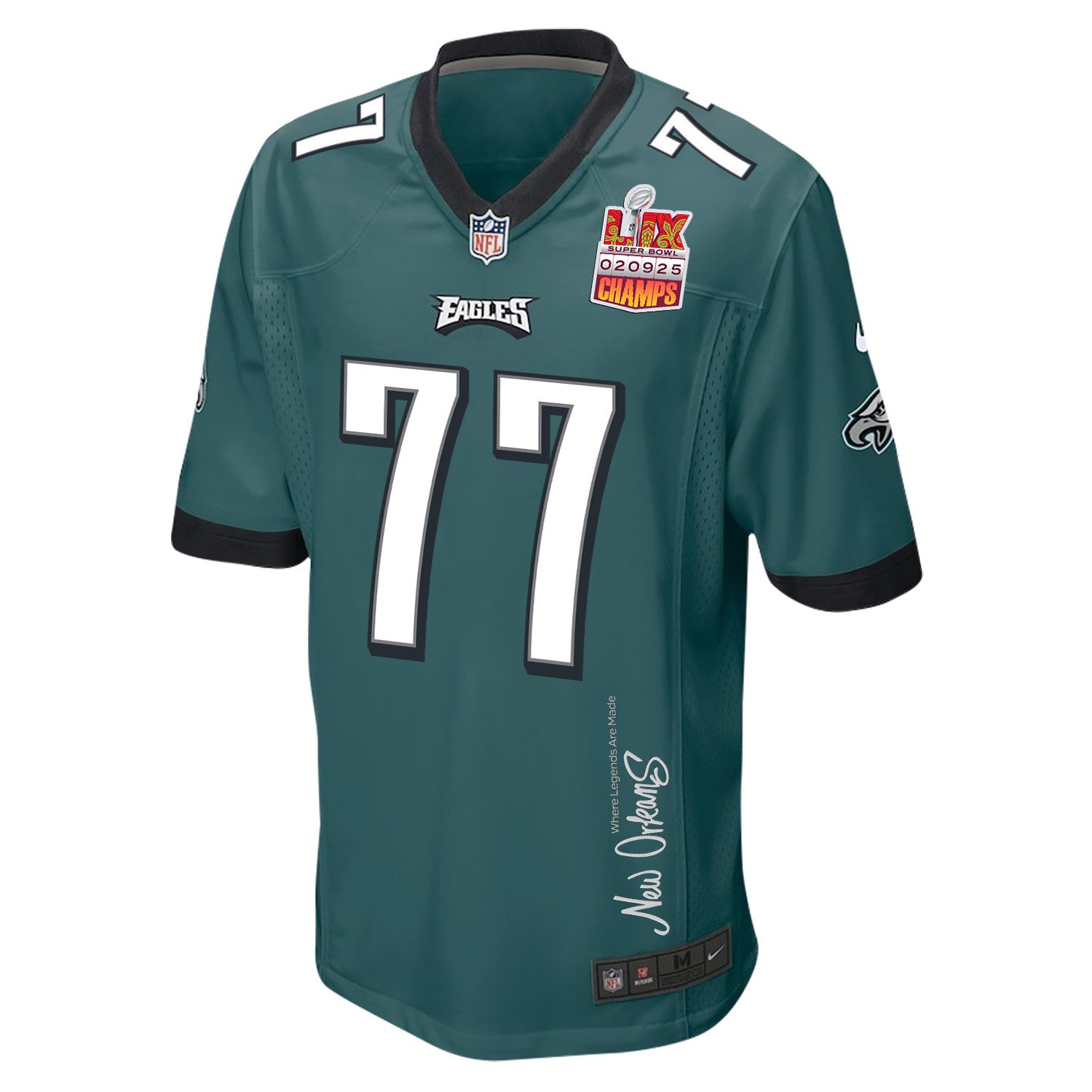 Mekhi Becton 77 Philadelphia Eagles Super Bowl LIX Champions Patch New Orleans Where Legends Are Made' EMBROIDERED Game Midnight Green NFL Jersey Men's