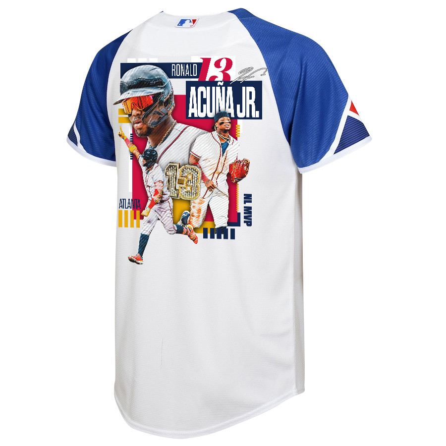 Ronald Acu?a Jr. 13 Atlanta Braves Signed MVP 2023 City Connect Player White Blue MLB Jersey Youth