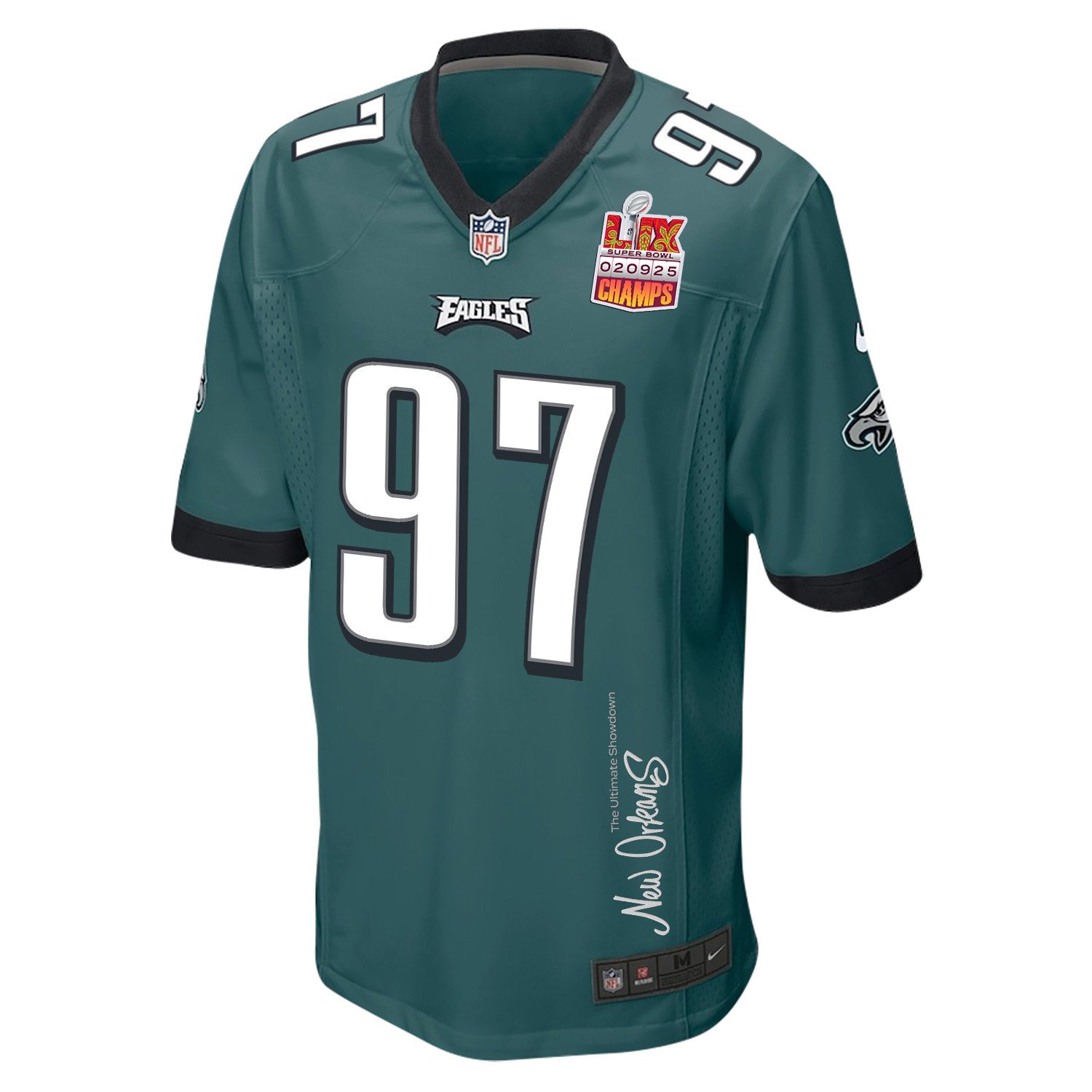 Moro Ojomo 97 Philadelphia Eagles Super Bowl LIX Champions Patch New Orleans The Ultimate Showdown' EMBROIDERED Game Midnight Green NFL Jersey Men's