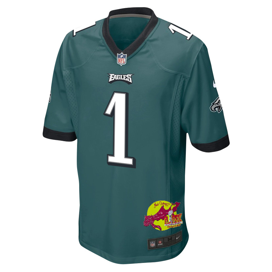 Jalen Hurts 1 Philadelphia Eagles Super Bowl LIX New Orleans Patch Game Midnight Green NFL Jersey Men's