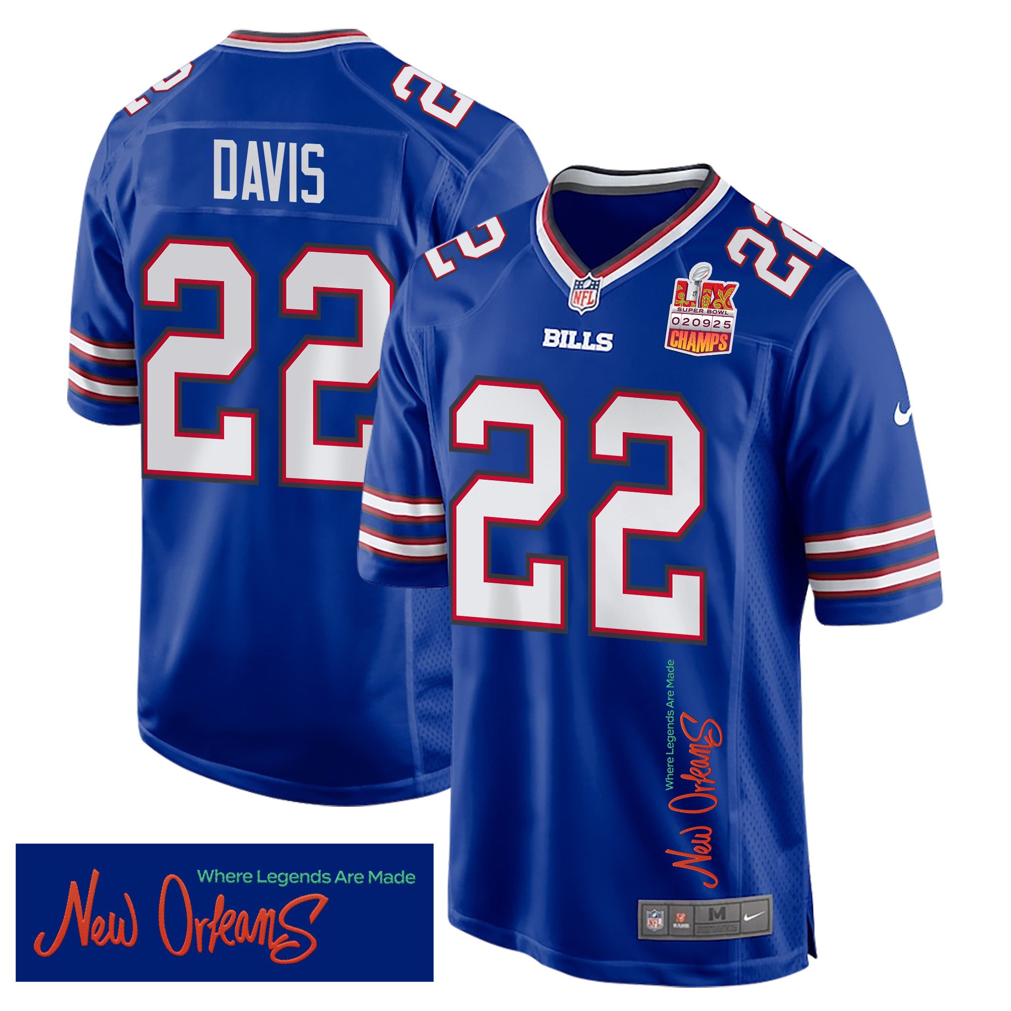 Ray Davis 22 Buffalo Bills Super Bowl LIX Champions Patch New Orleans Where Legends Are Made' EMBROIDERED Game Royal NFL Jersey Men's