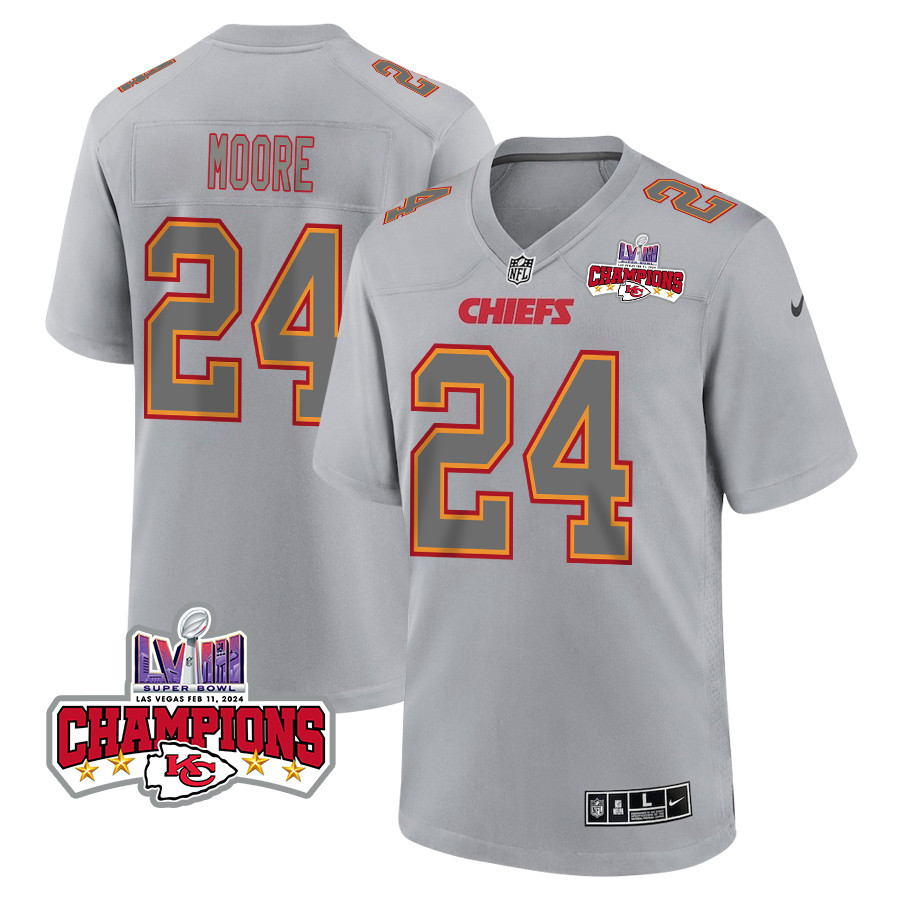 Skyy Moore 24 Kansas City Chiefs Super Bowl LVIII Champions 4 Stars Patch Atmosphere Fashion Game Gray NFL Jersey Men's