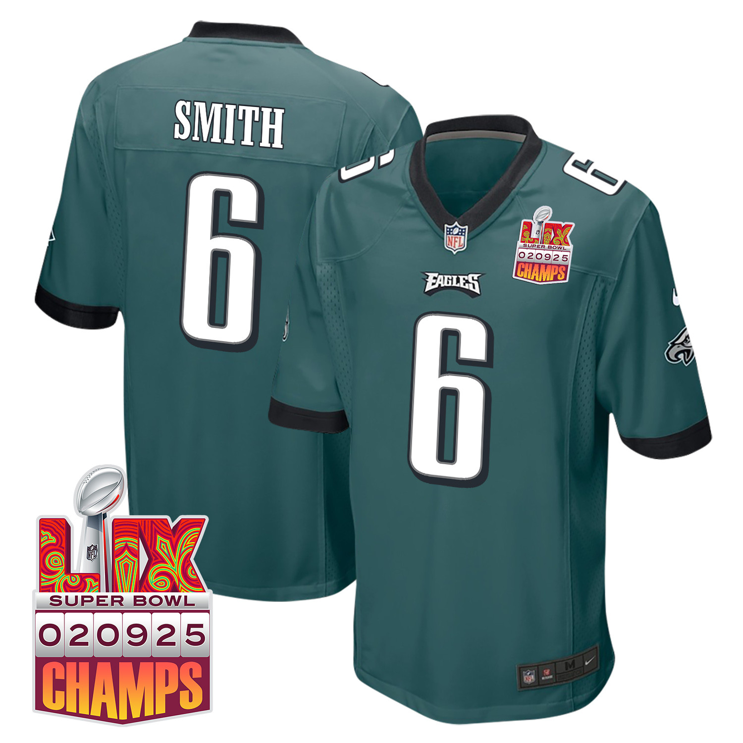DeVonta Smith 6 Philadelphia Eagles Super Bowl LIX Champions Patch Game Midnight Green NFL Jersey Men's