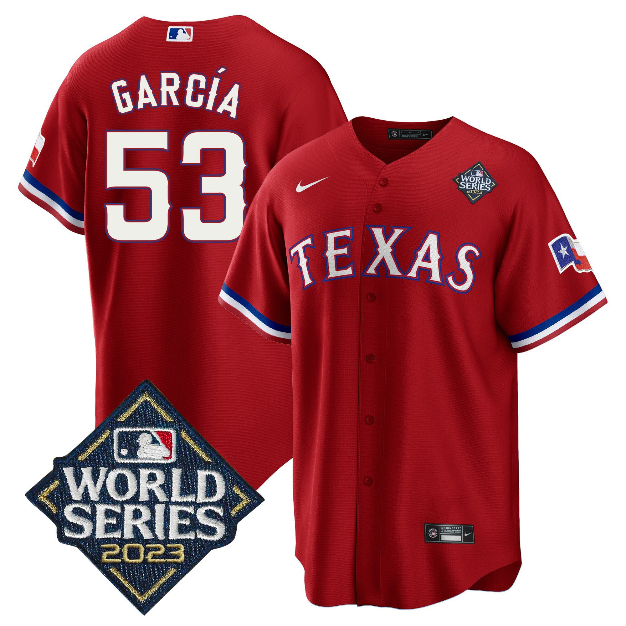 Adolis Garcia 53 Texas Rangers 2023 World Series Stitched Red MLB Jersey Men's