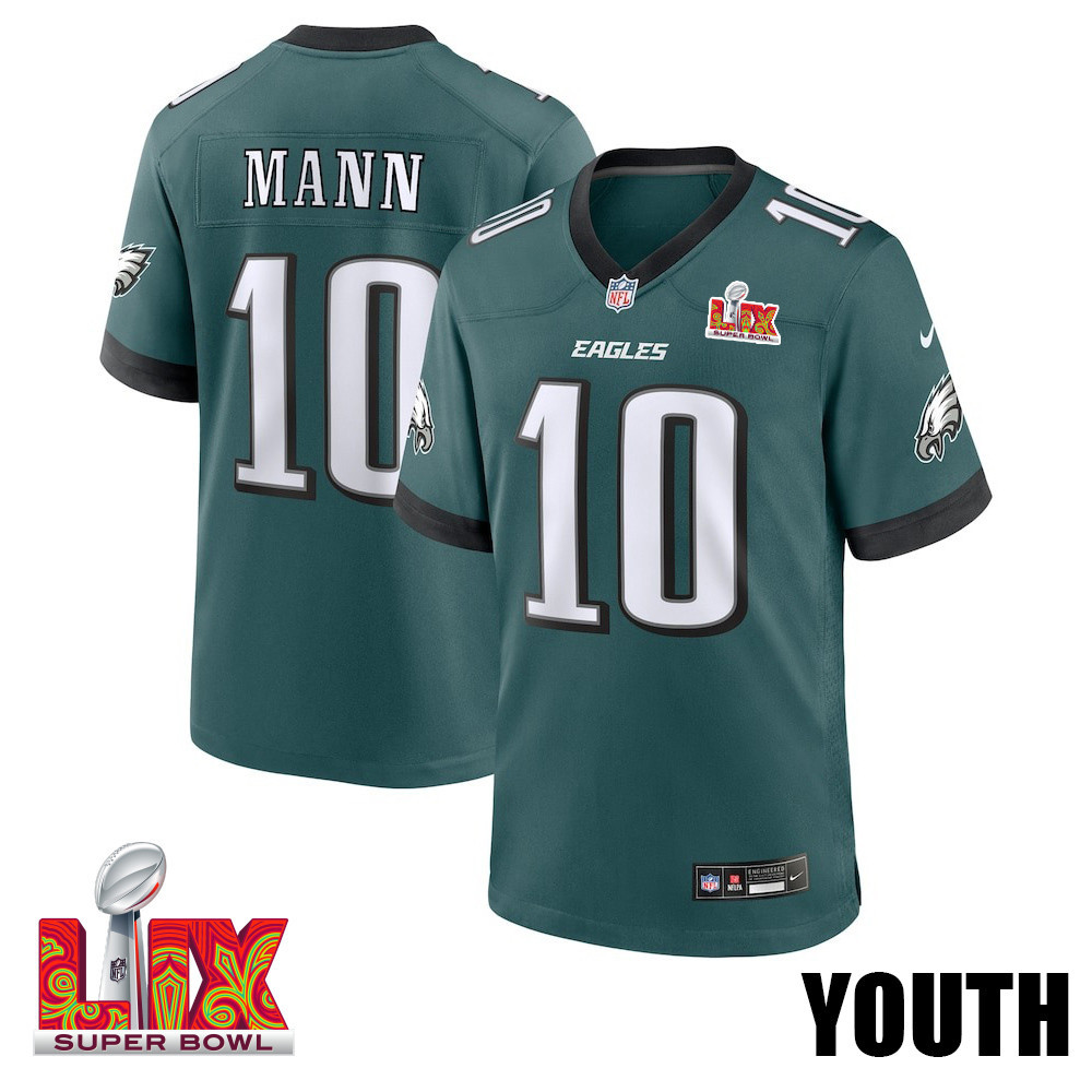 Braden Mann #10 Philadelphia Eagles Super Bowl LIX Midnight Green NFL Jersey Youth