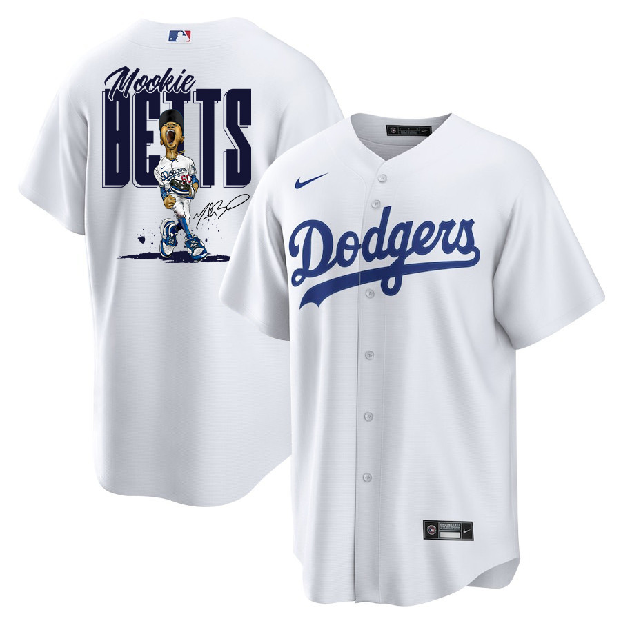 Mookie Betts 50 Los Angeles Dodgers Signed Cartoon 2023 Home Player White MLB Jersey Men's