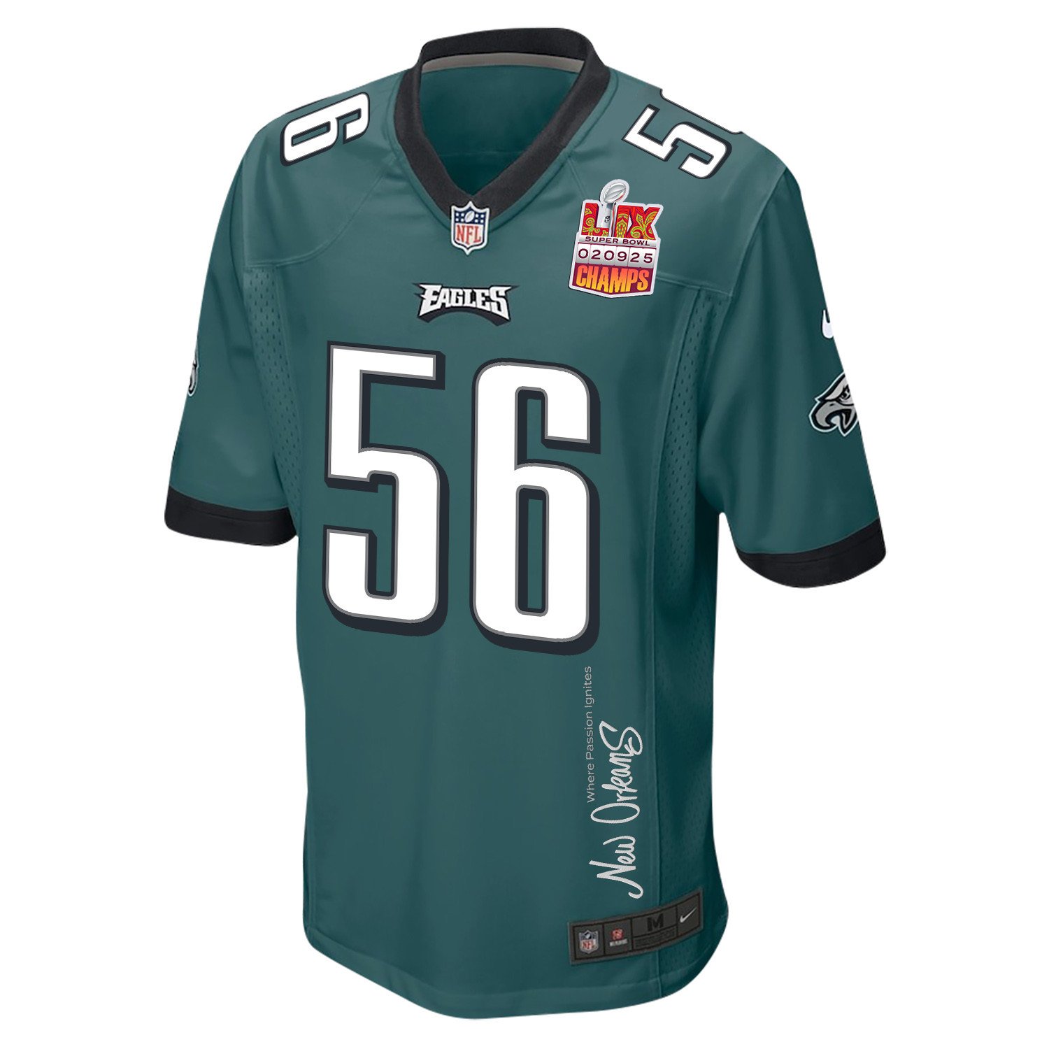 Tyler Steen 56 Philadelphia Eagles Super Bowl LIX Champions Patch New Orleans Where Passion Ignites' EMBROIDERED Game Midnight Green NFL Jersey Men's