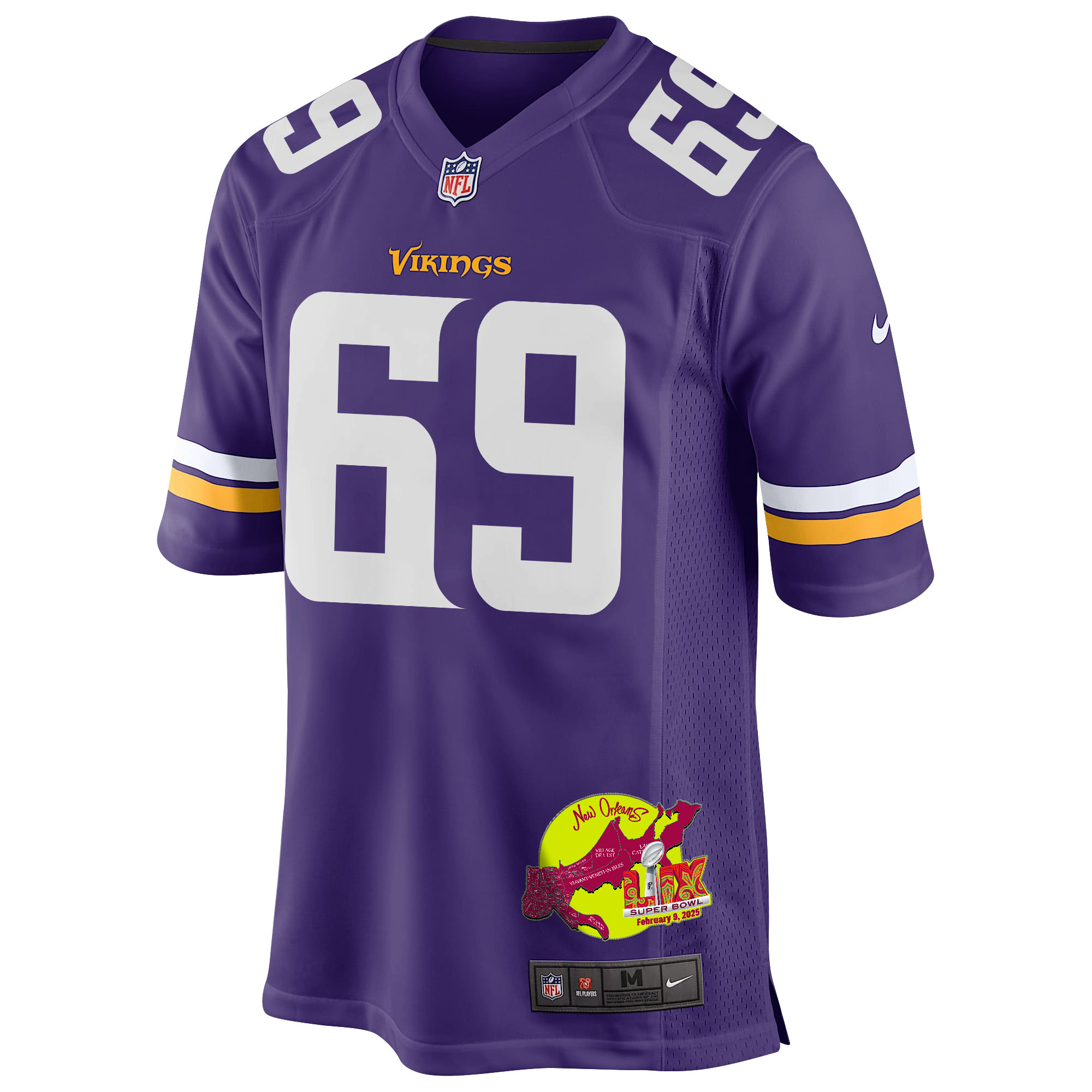 Dan Feeney 69 Minnesota Vikings Super Bowl LIX New Orleans Patch Game Purple NFL Jersey Men's