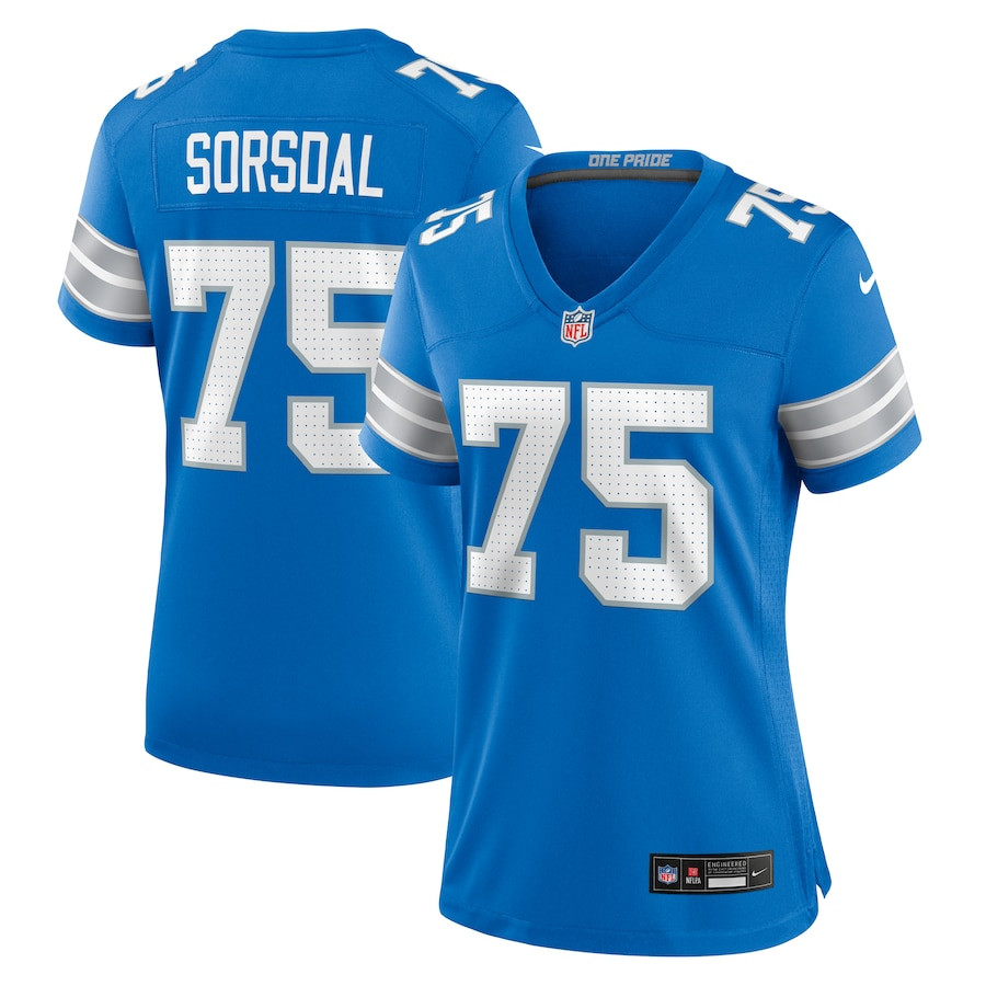 Colby Sorsdal 75 Detroit Lions Team Game Blue NFL Jersey Women's