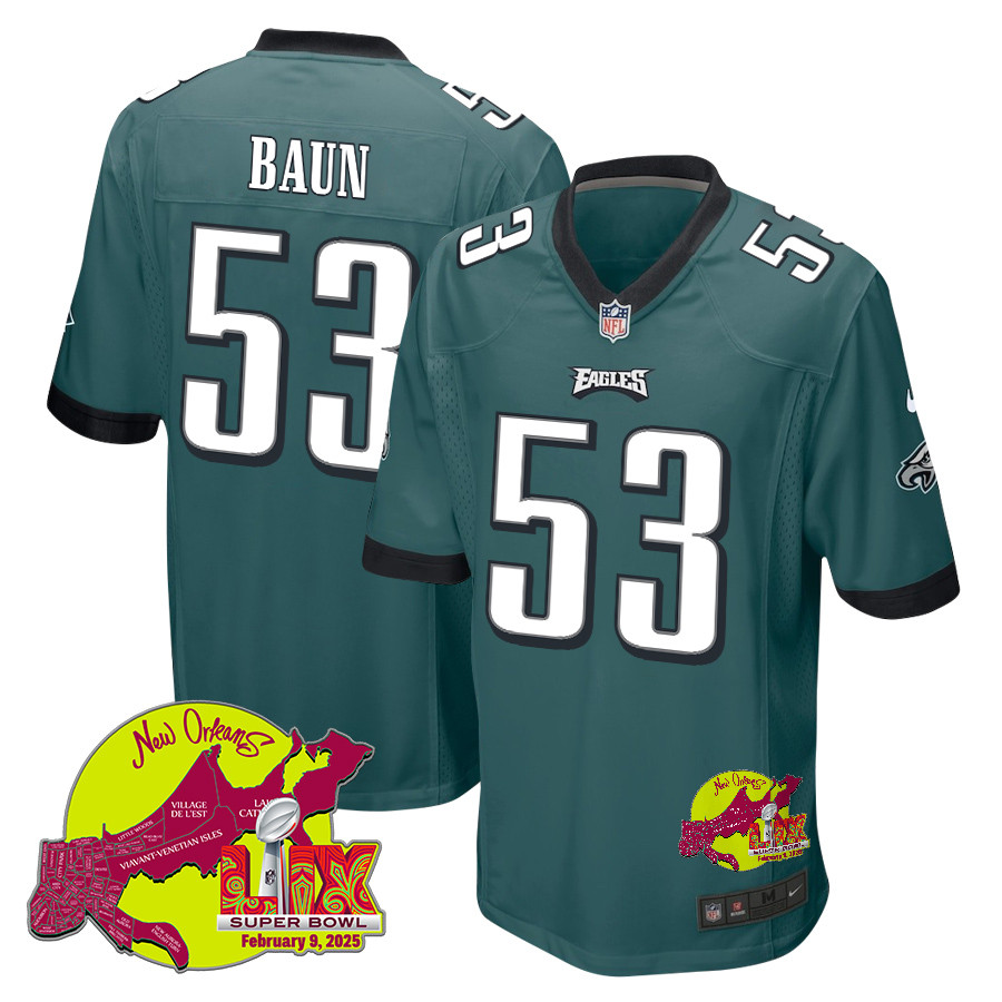 Zack Baun 53 Philadelphia Eagles Super Bowl LIX New Orleans Patch Game Midnight Green NFL Jersey Men's