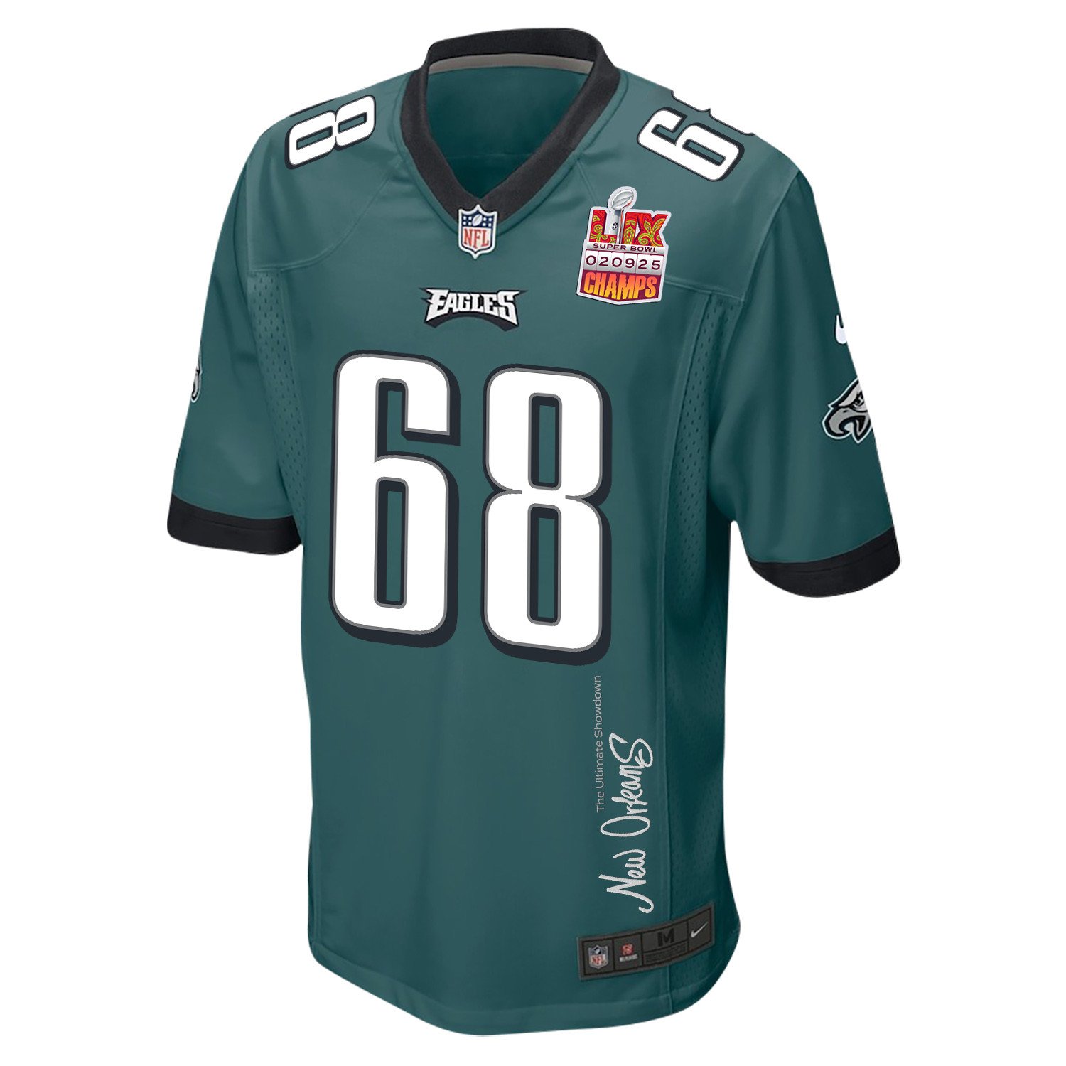 Jordan Mailata 68 Philadelphia Eagles Super Bowl LIX Champions Patch New Orleans The Ultimate Showdown' EMBROIDERED Game Midnight Green NFL Jersey Men's