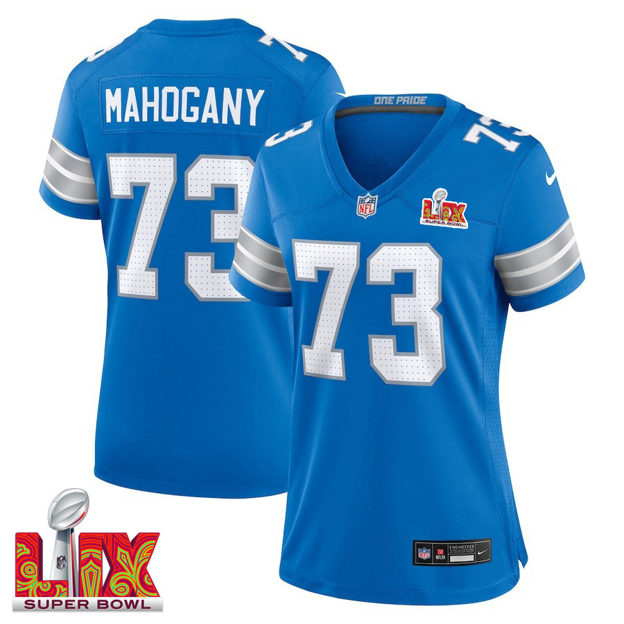 Christian Mahogany #73 Detroit Lions Super Bowl LIX Blue NFL Jersey Women's