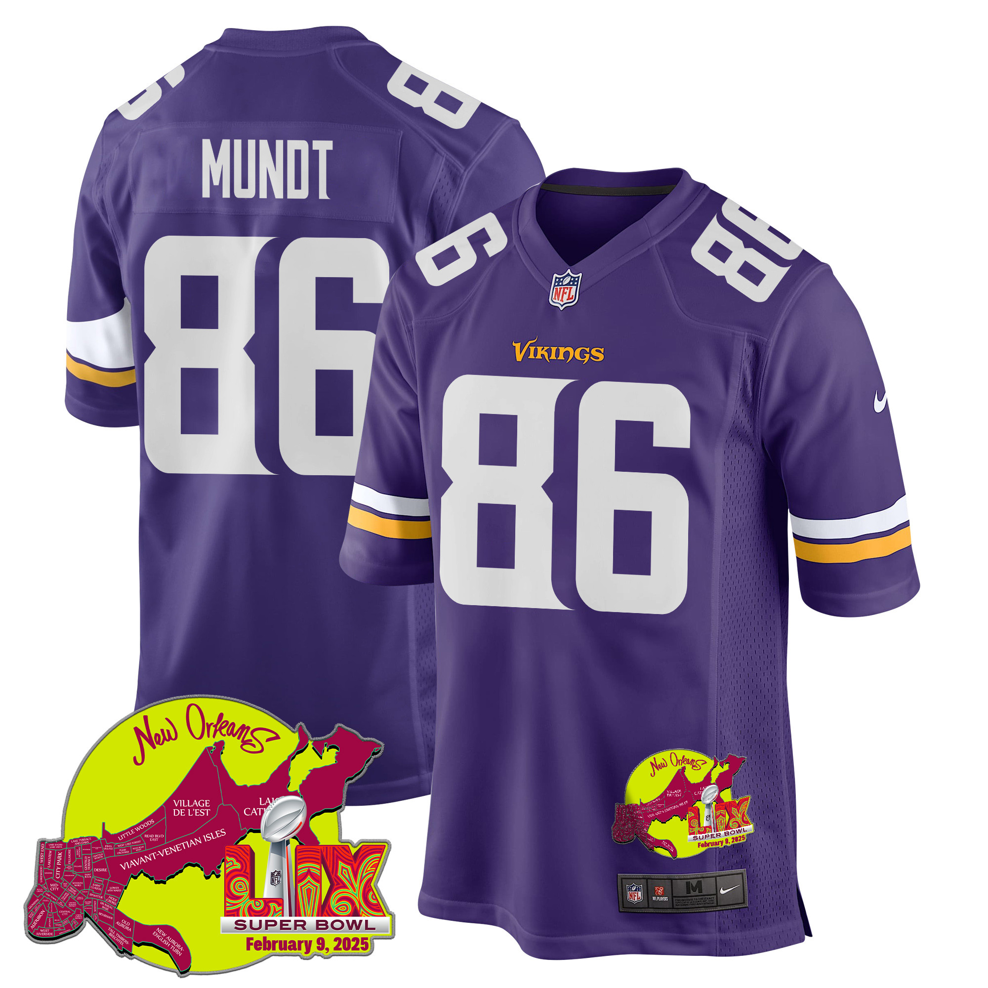 Johnny Mundt 86 Minnesota Vikings Super Bowl LIX New Orleans Patch Game Purple NFL Jersey Men's