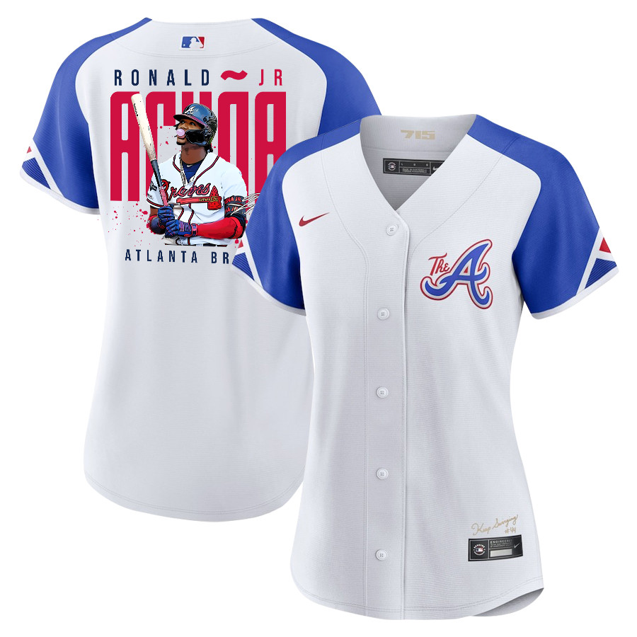 Ronald Acu?a Jr. 13 Atlanta Braves Signed Gum 2023 City Connect Player White Blue MLB Jersey Women's