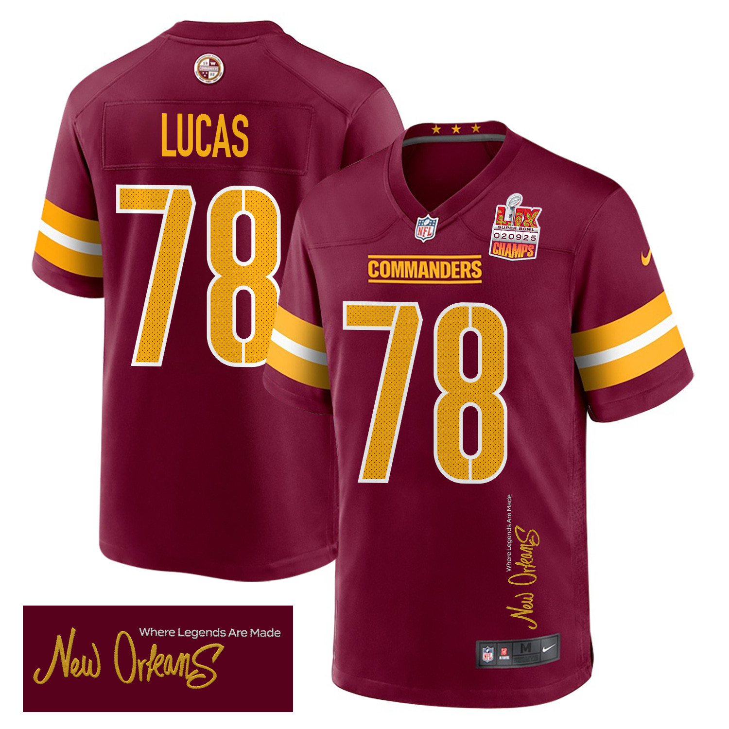 Cornelius Lucas 78 Washington Commanders Super Bowl LIX Champions Patch New Orleans Where Legends Are Made' EMBROIDERED Game Burgundy NFL Jersey Men's