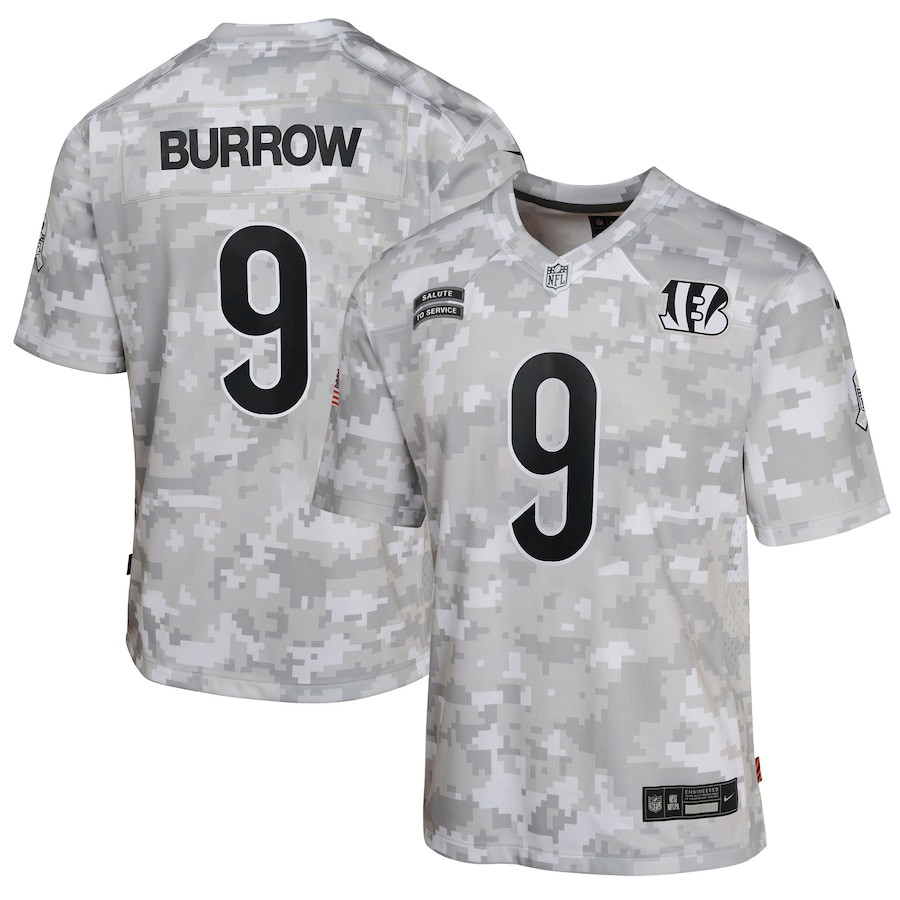 Joe Burrow 9 Cincinnati Bengals 2024 Salute to Service Game Arctic Camo NFL Jersey Youth
