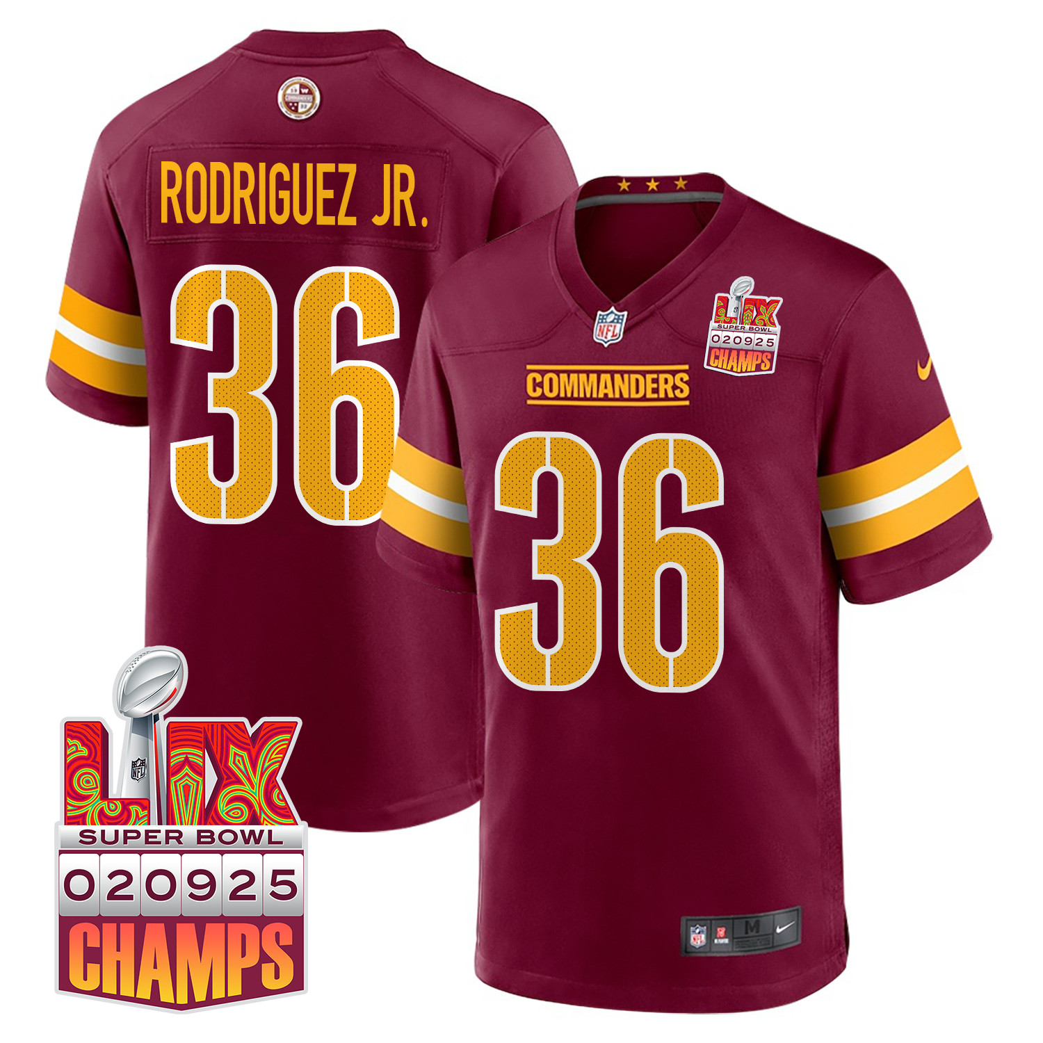 Chris Rodriguez Jr. 36 Washington Commanders Super Bowl LIX Champions Patch Game Burgundy NFL Jersey Men's