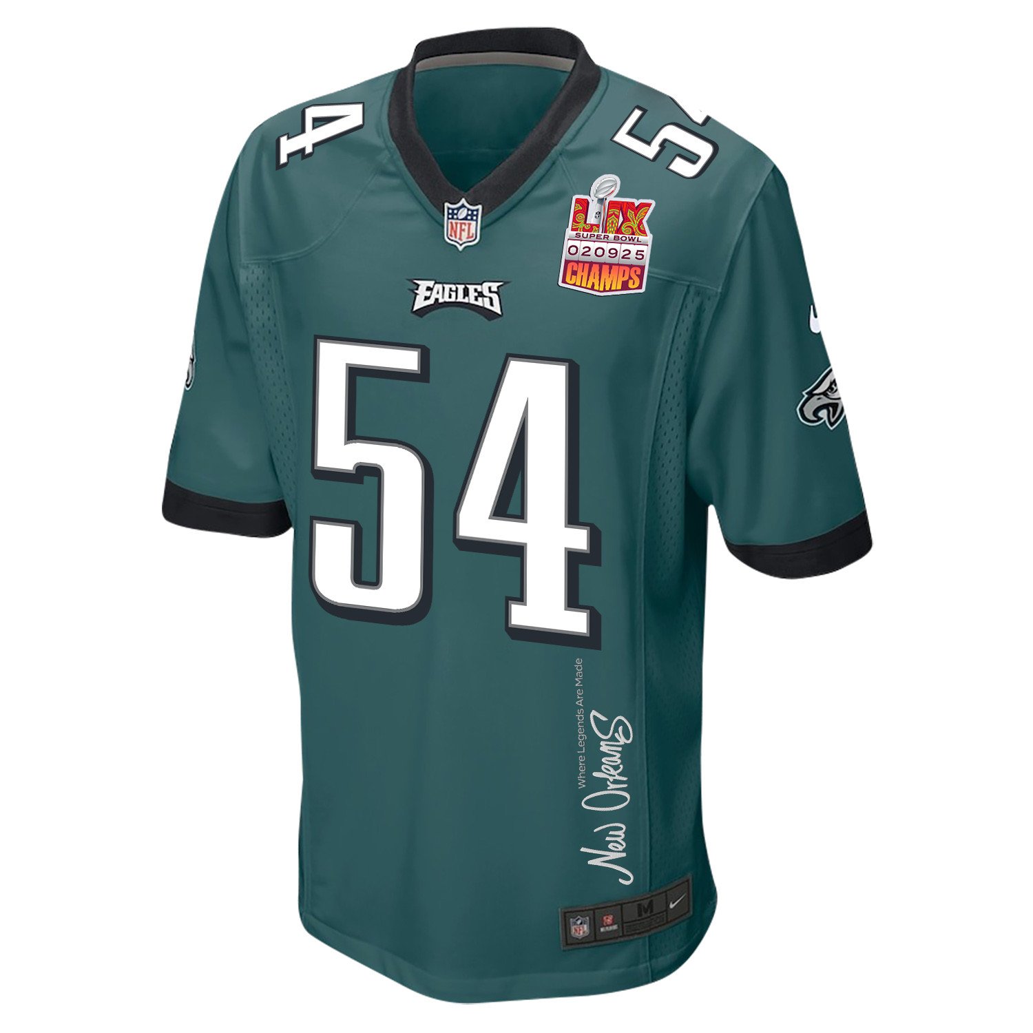 Jeremiah Trotter Jr. 54 Philadelphia Eagles Super Bowl LIX Champions Patch New Orleans Where Legends Are Made' EMBROIDERED Game Midnight Green NFL Jersey Men's