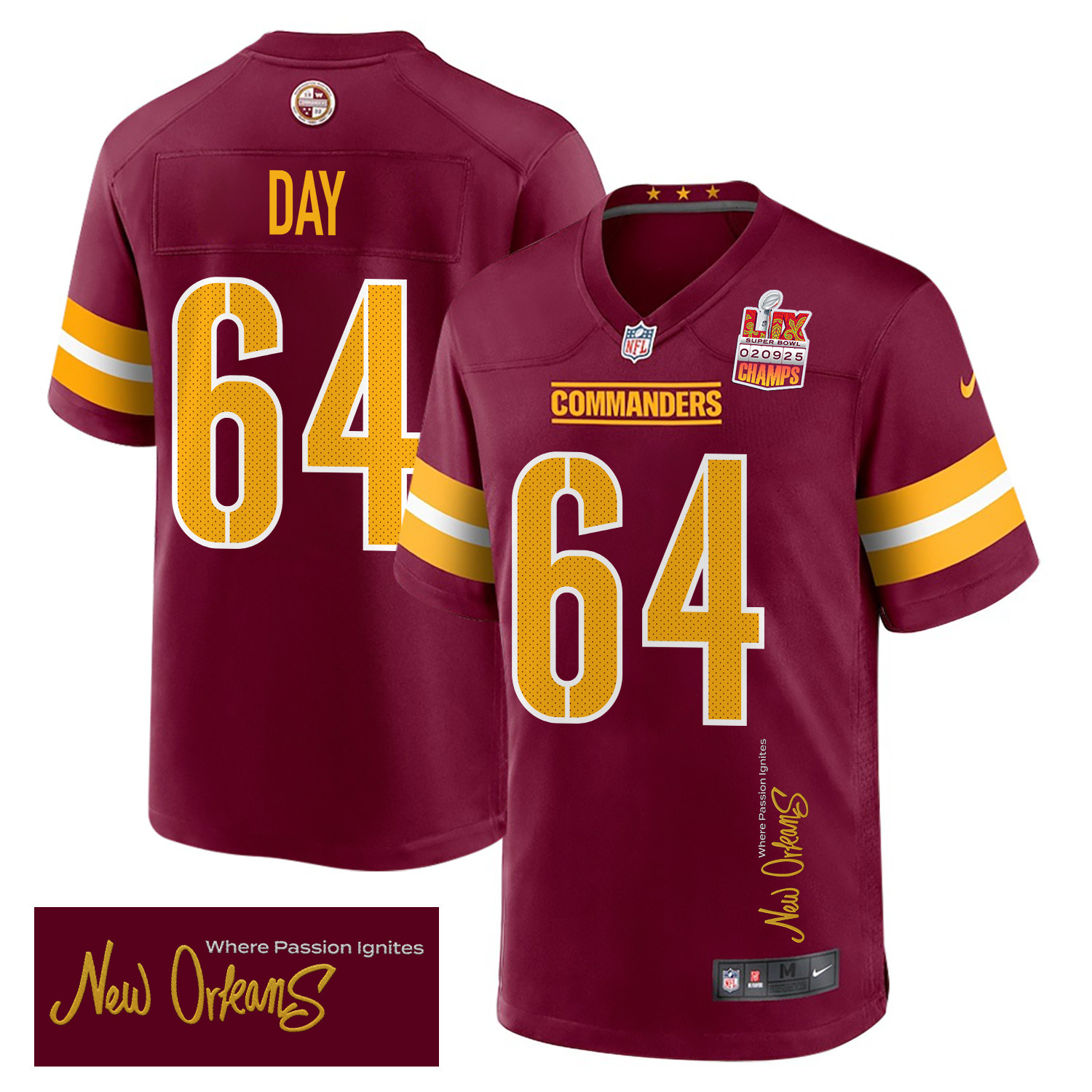 Sheldon Day 64 Washington Commanders Super Bowl LIX Champions Patch New Orleans Where Passion Ignites' EMBROIDERED Game Burgundy NFL Jersey Men's