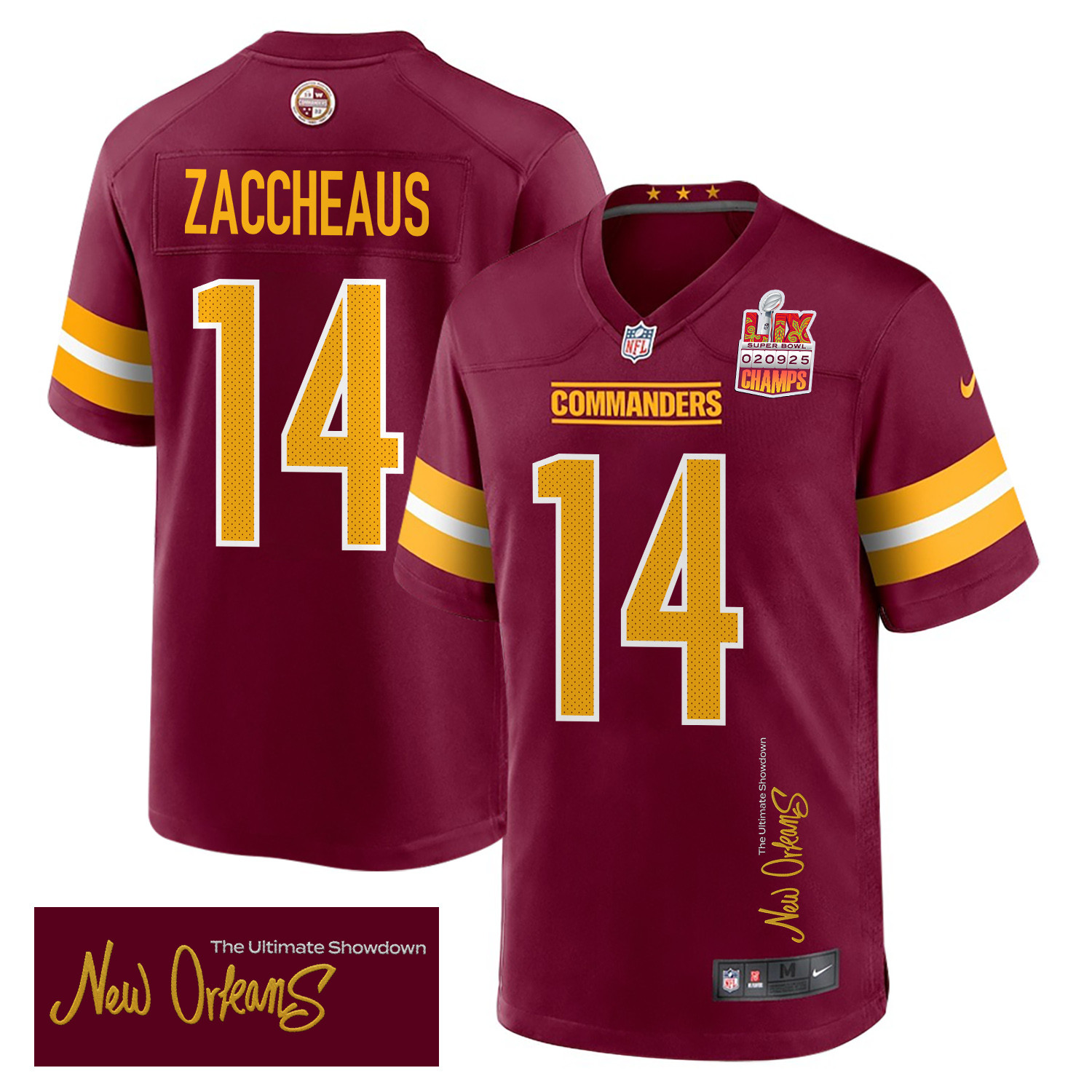Olamide Zaccheaus 14 Washington Commanders Super Bowl LIX Champions Patch New Orleans The Ultimate Showdown' EMBROIDERED Game Burgundy NFL Jersey Men's